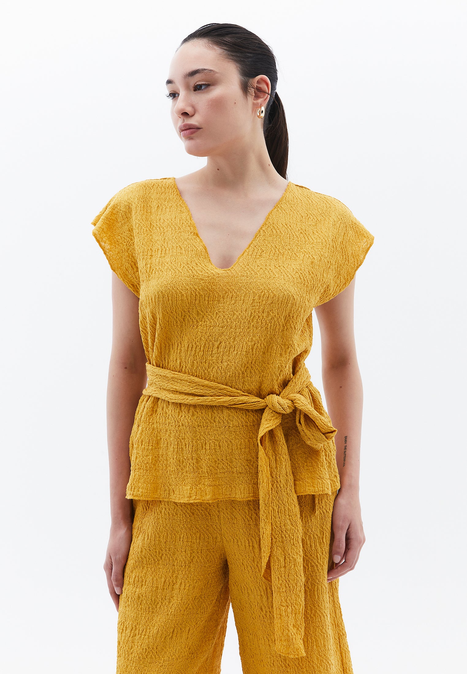 V Neck Loose Blouse - GOLDEN SPICE