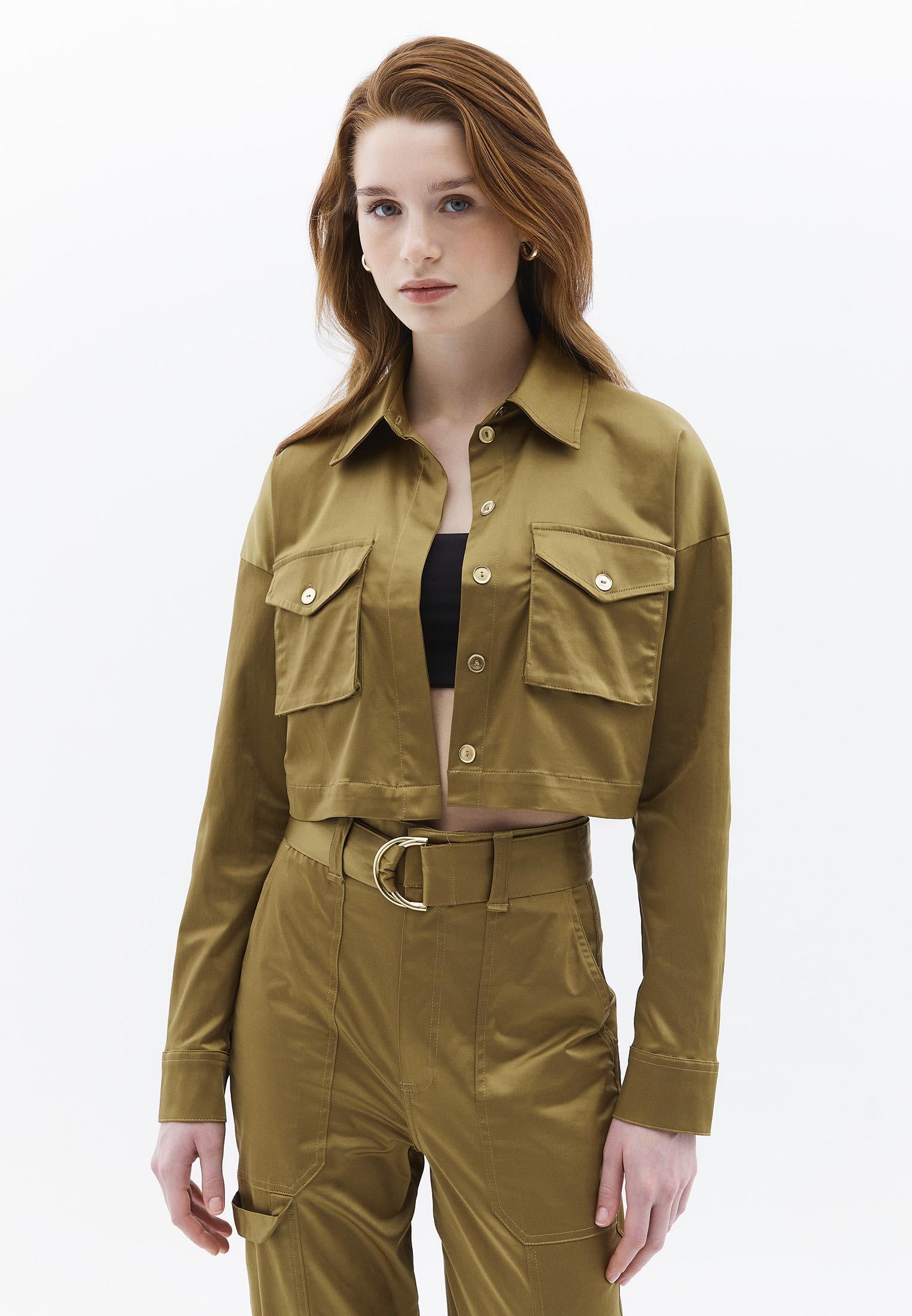 Cropped Shirt With Pocket Detail And Loose Fit - GOTHIC OLIVE