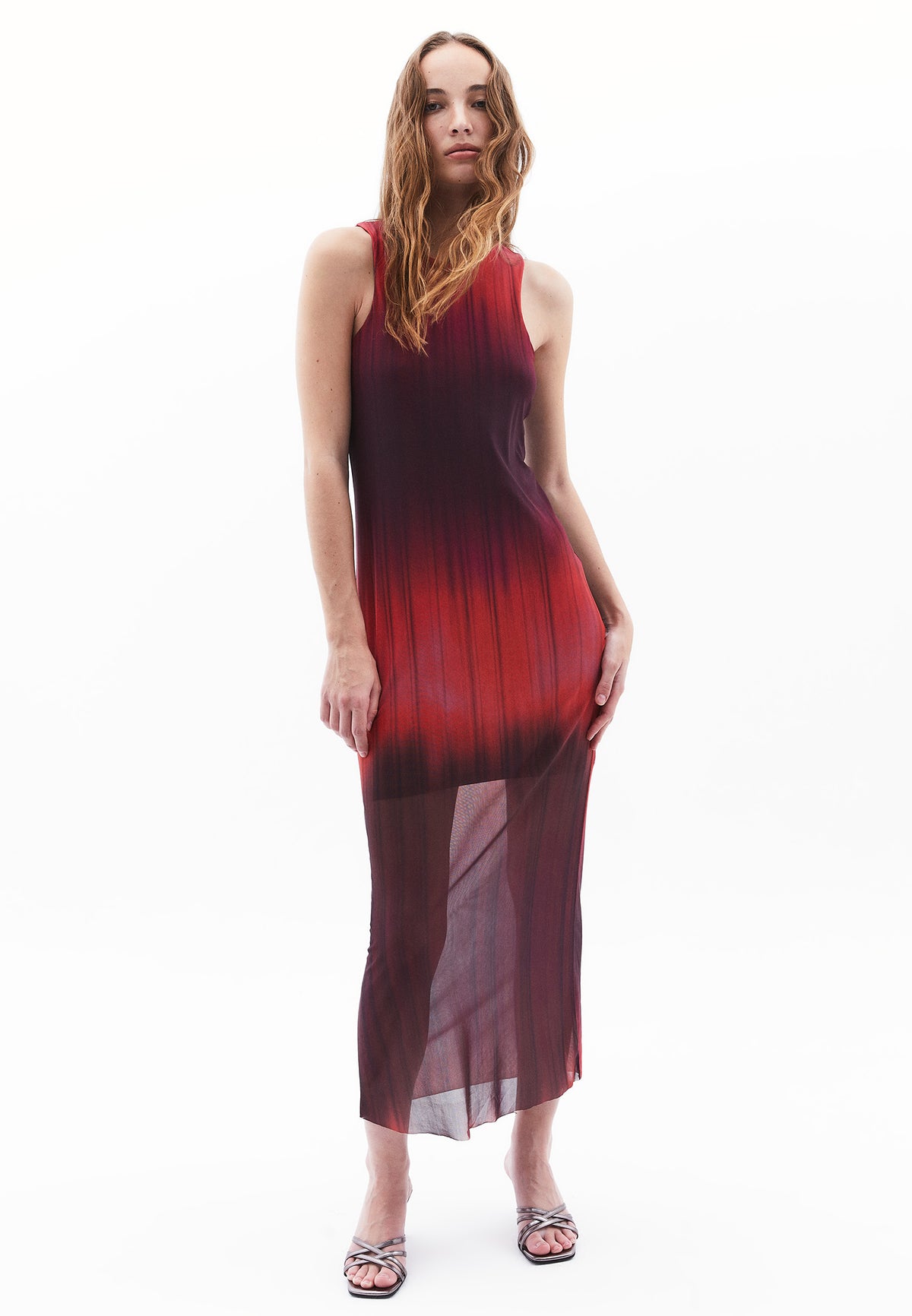 Long Dress With Crew Neck - GRADIENT RED COMB