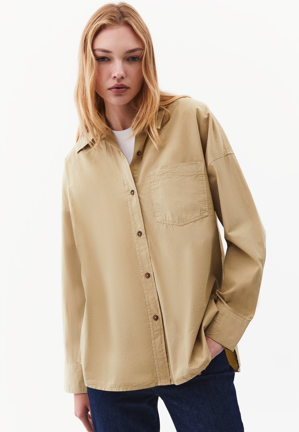 Oversized Long Sleeve Shirt with Pocket Detail - GRAY GREEN