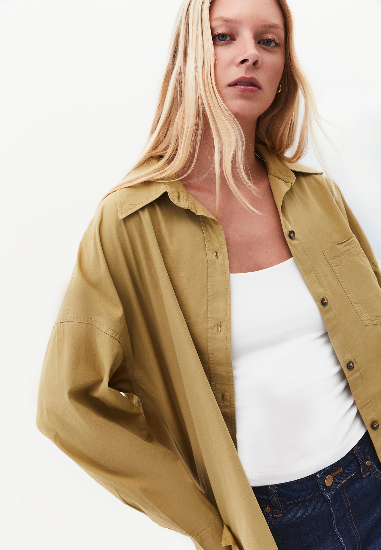 Oversized Long-Sleeve Shirt with Pocket Detail - GRAY GREEN