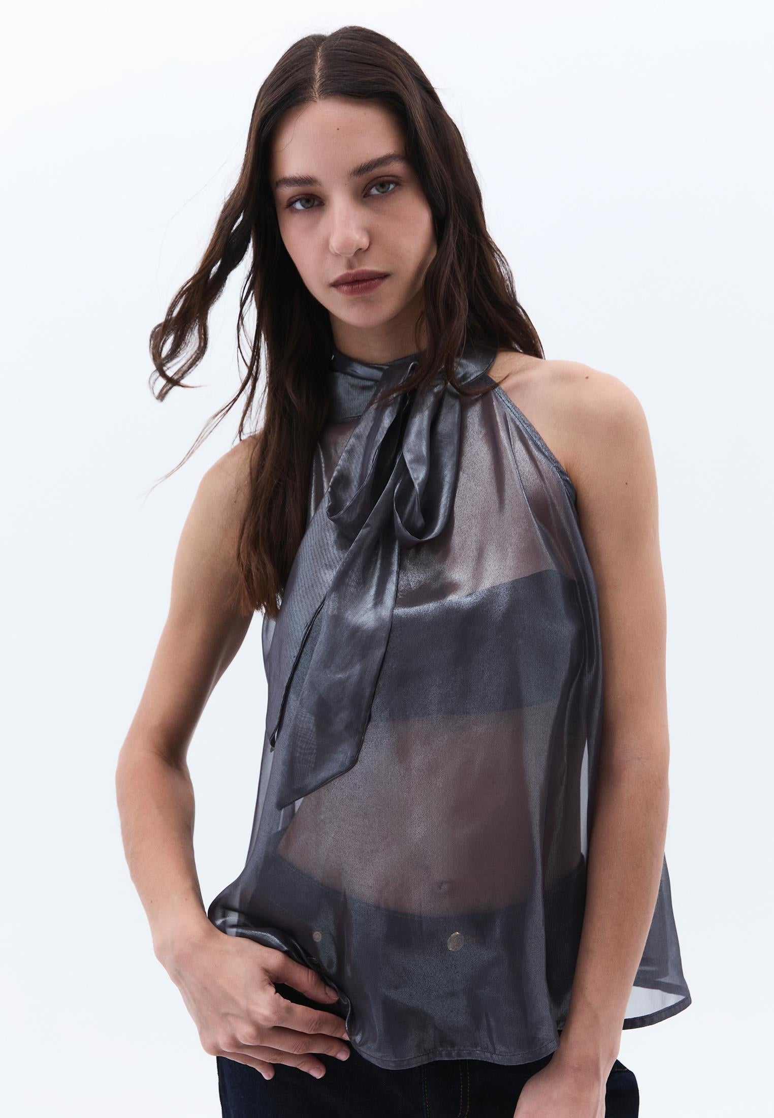 Shiny Halter Neck Blouse - GRAY PINSTRIPE