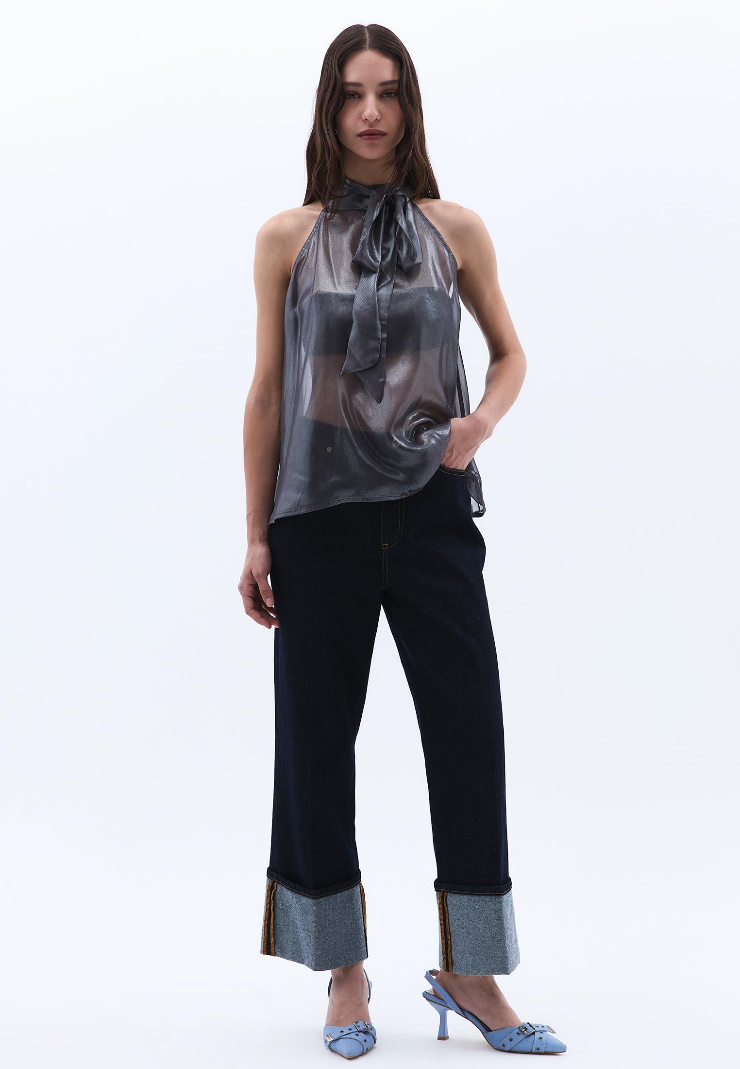 Shiny Halter Neck Blouse - GRAY PINSTRIPE
