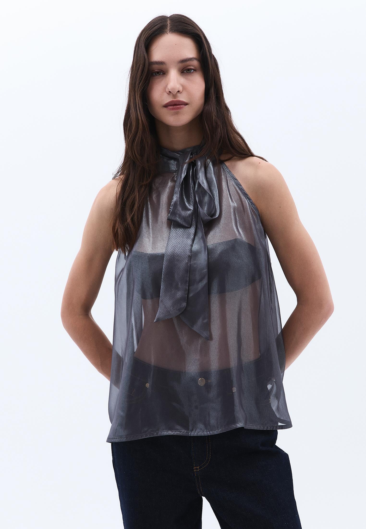 Shiny Halter Neck Blouse - GRAY PINSTRIPE