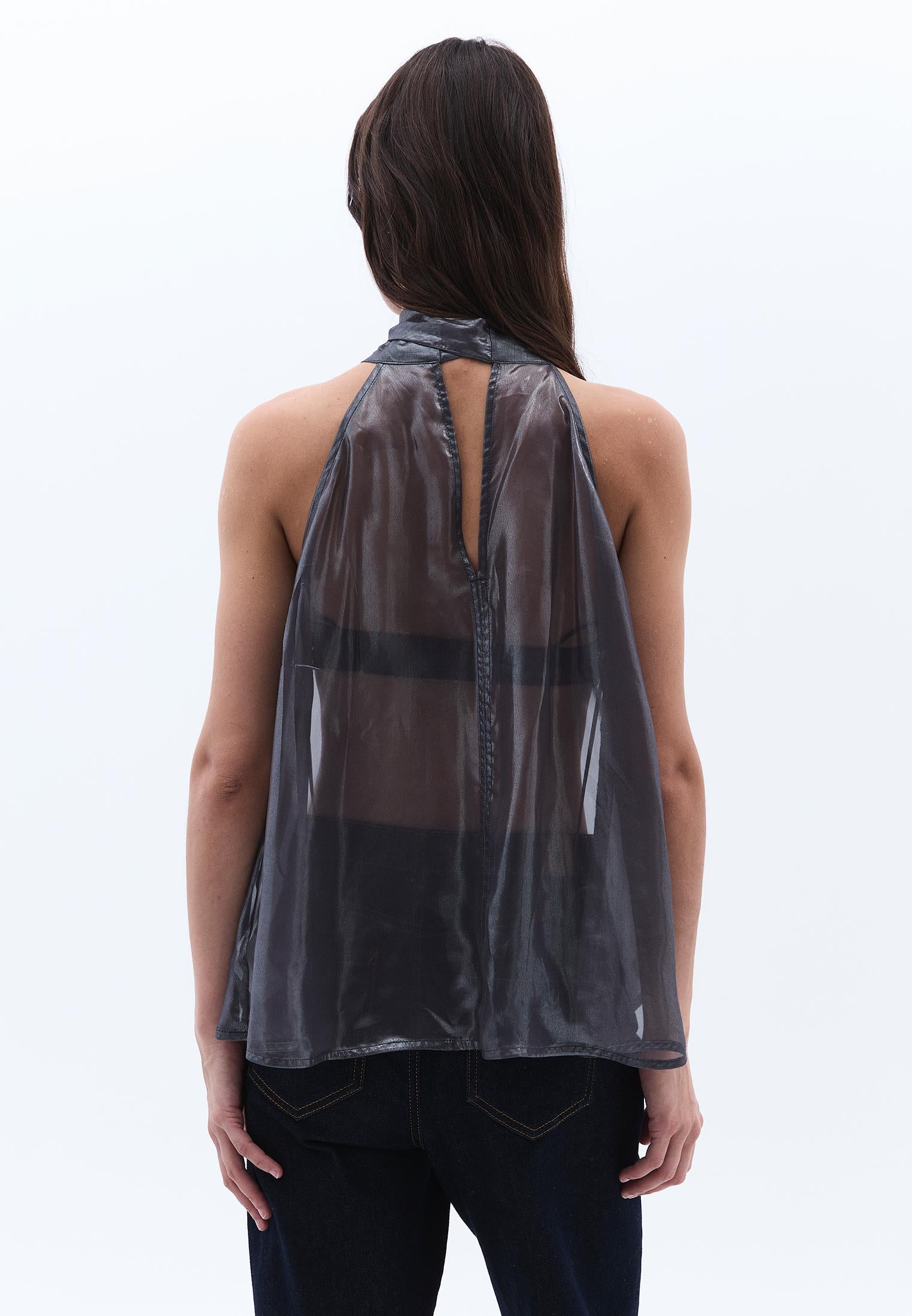 Shiny Halter Neck Blouse - GRAY PINSTRIPE