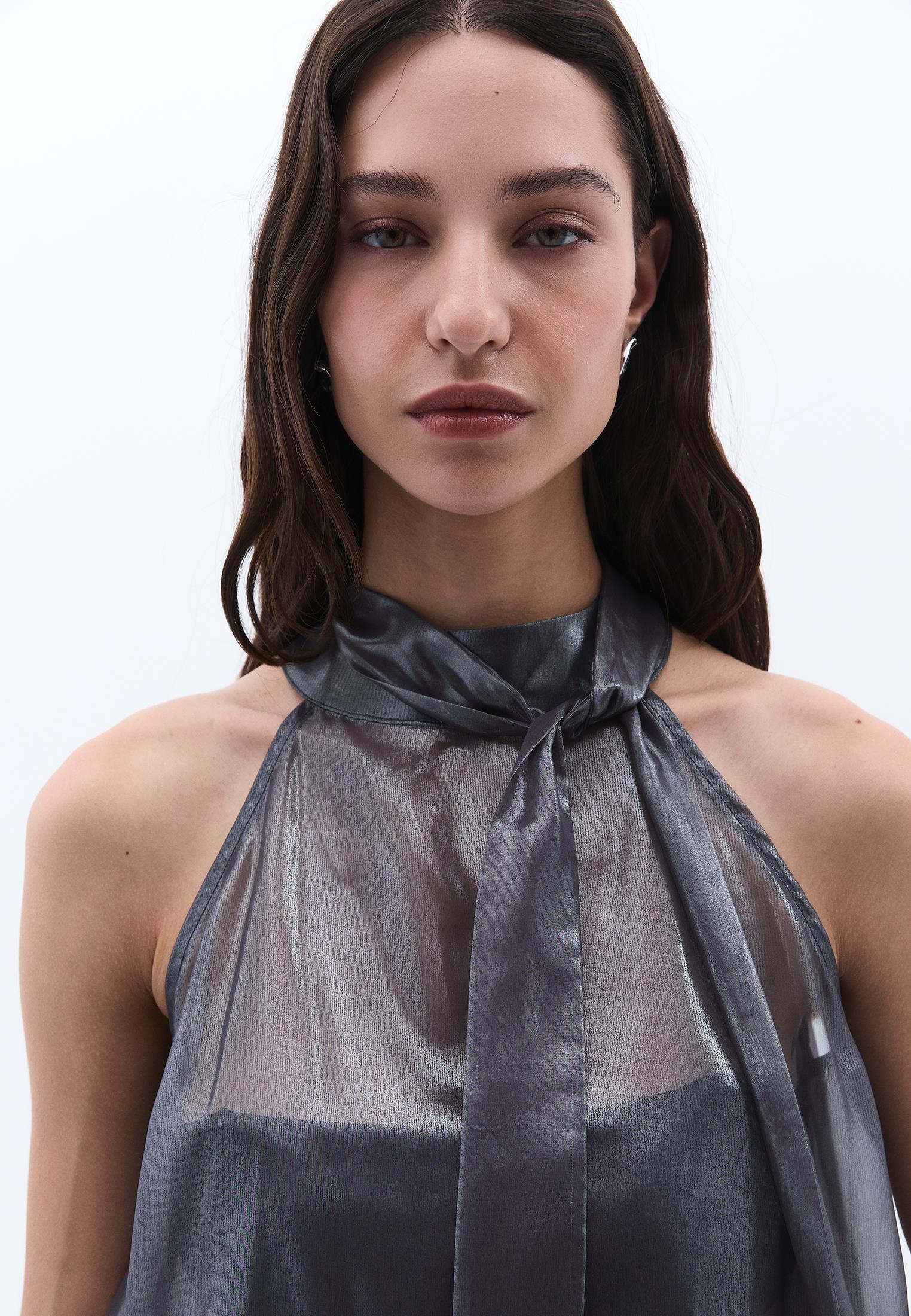 Shiny Halter Neck Blouse - GRAY PINSTRIPE