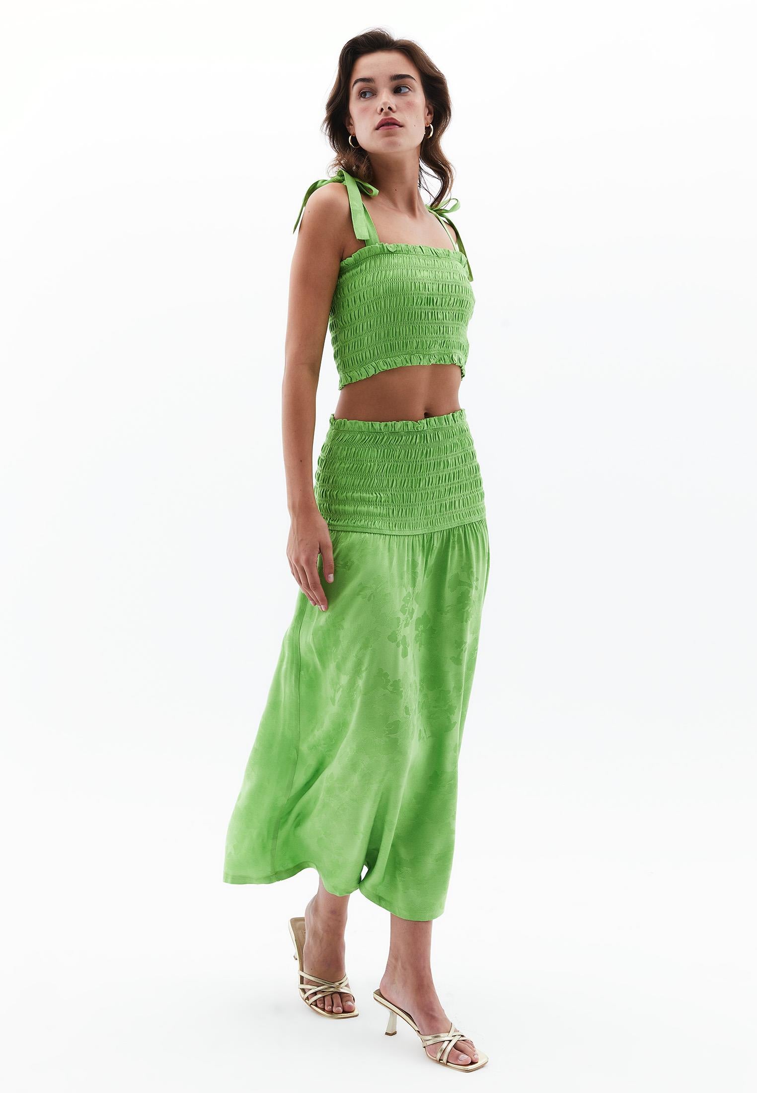 Flared Long High Waist Woven Skirt With Shirred Waist - GREENERY