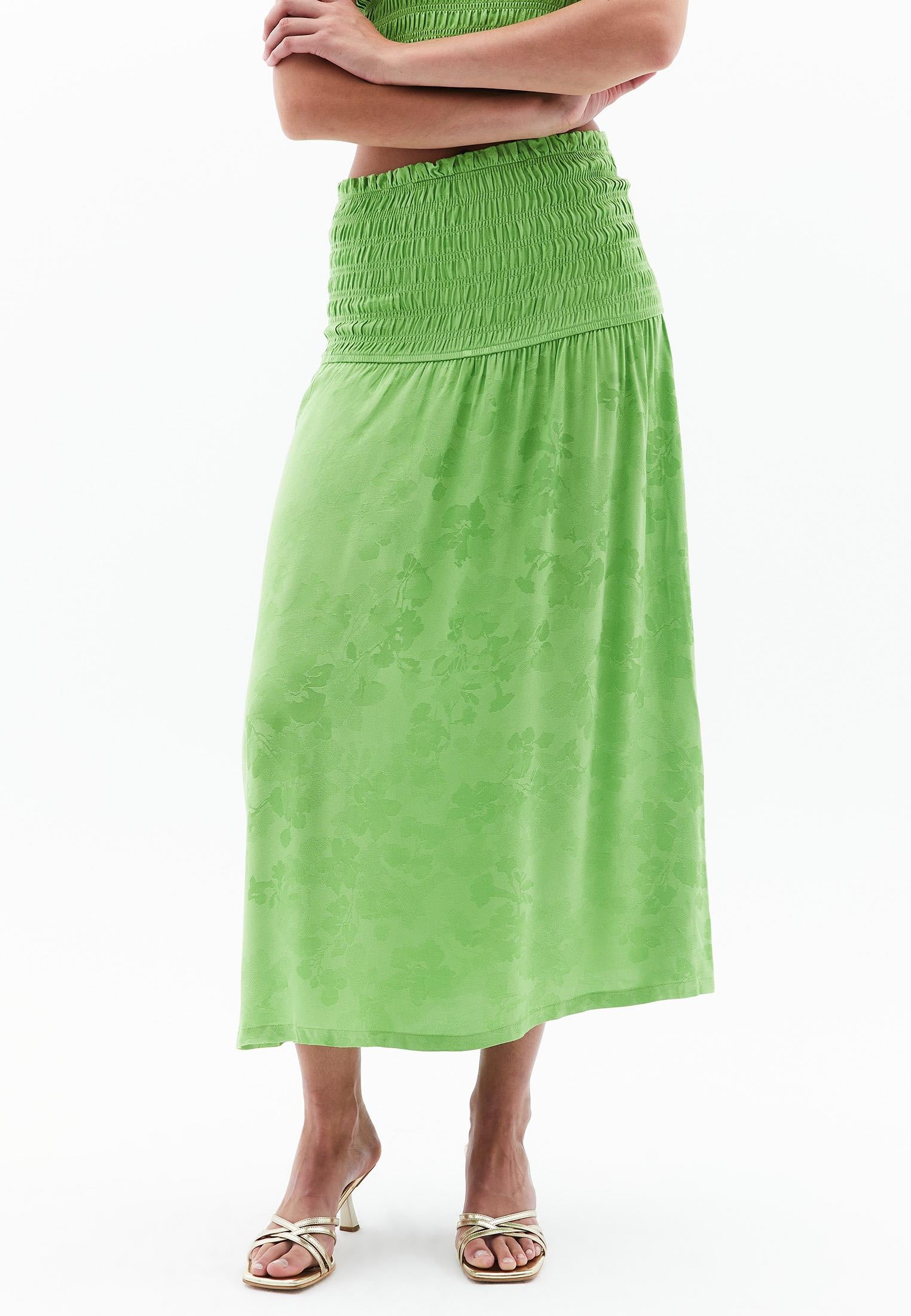 Flared Long High Waist Woven Skirt With Shirred Waist - GREENERY