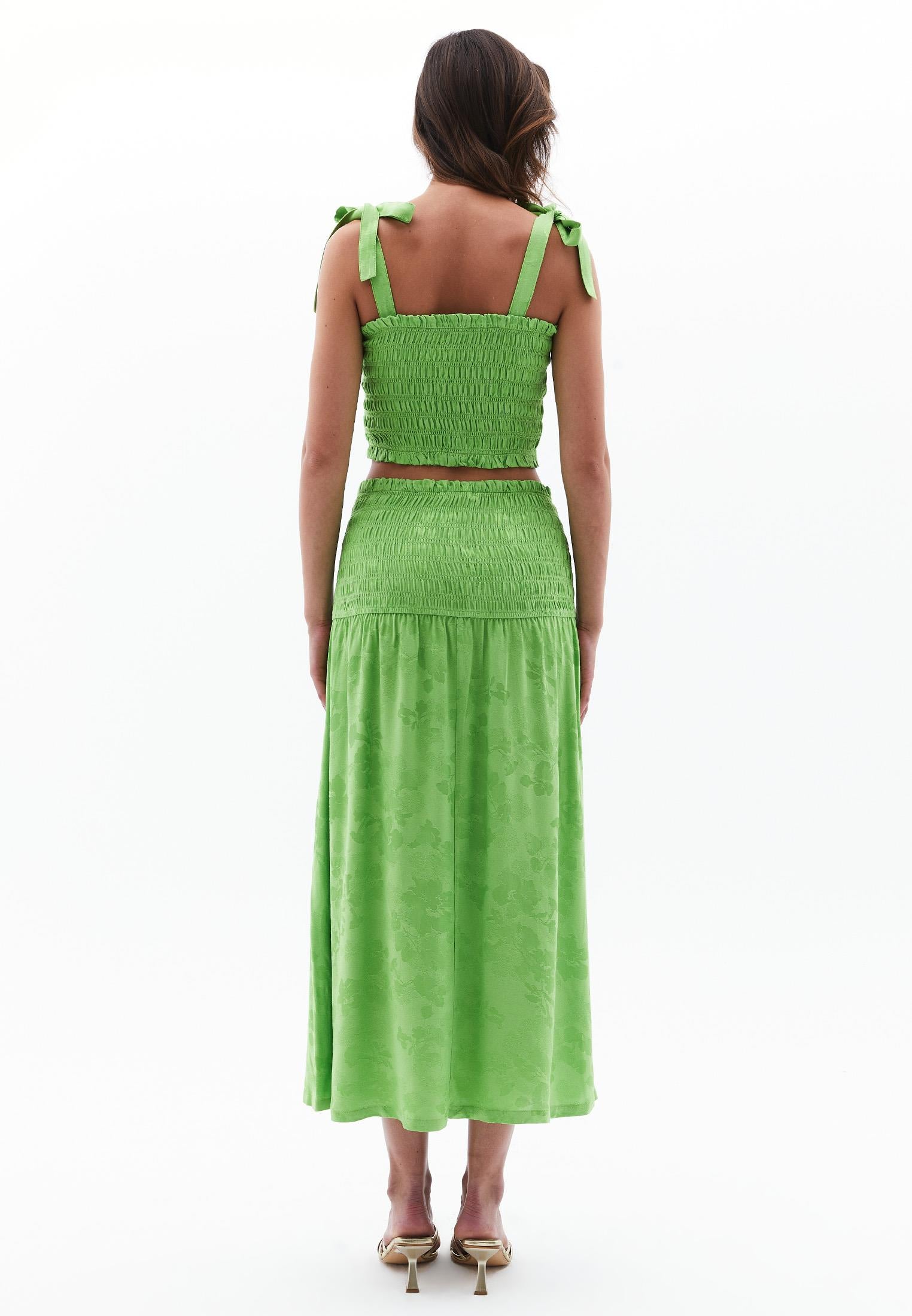 Flared Long High Waist Woven Skirt With Shirred Waist - GREENERY