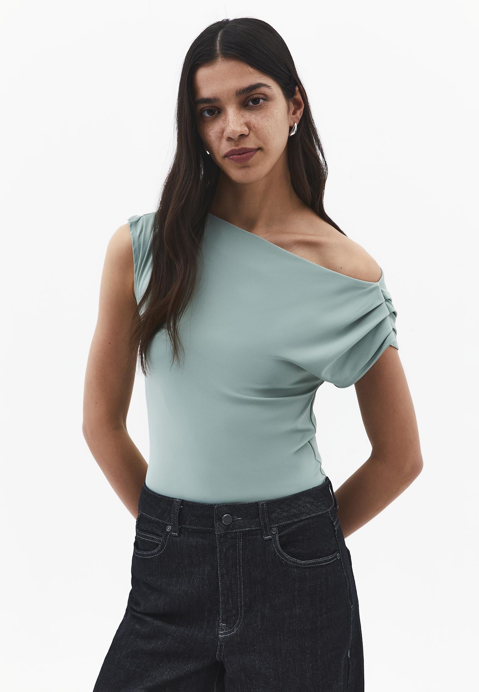 Boat Neck Short Sleeve Blouse - GREEN MILIEU