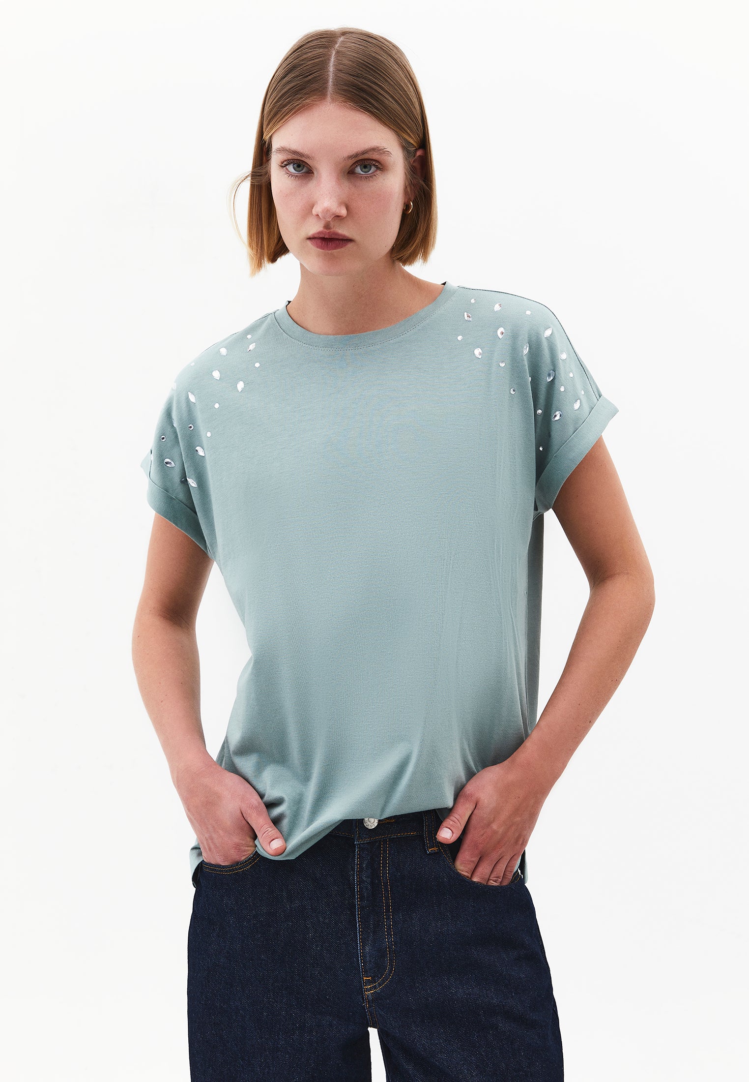 Rivet Detailed Boat Neck Short Sleeve T-Shirt - GREEN MILIEU