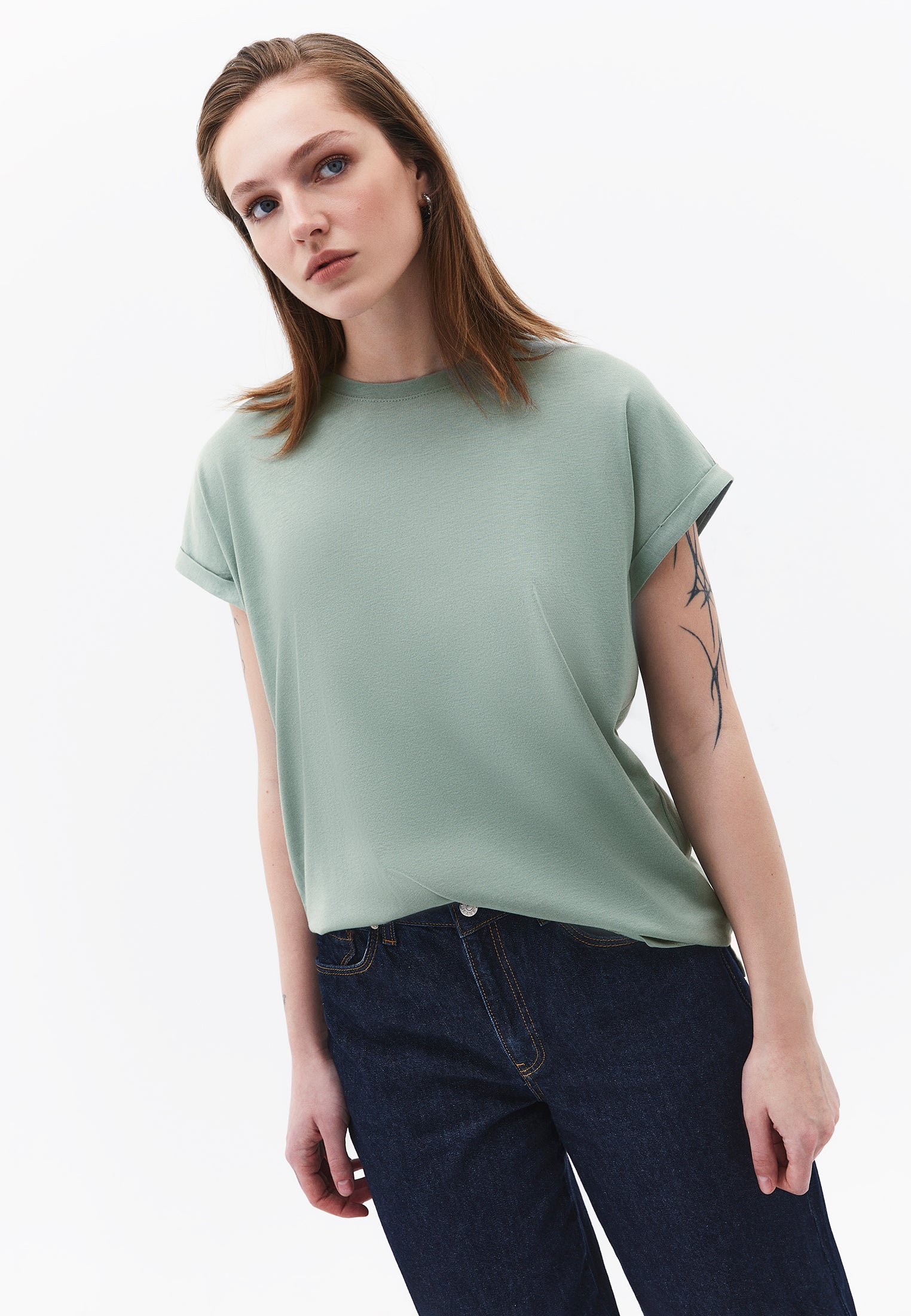 Boat Neck Loose Fit Short Sleeve T-Shirt - GREEN MILIEU