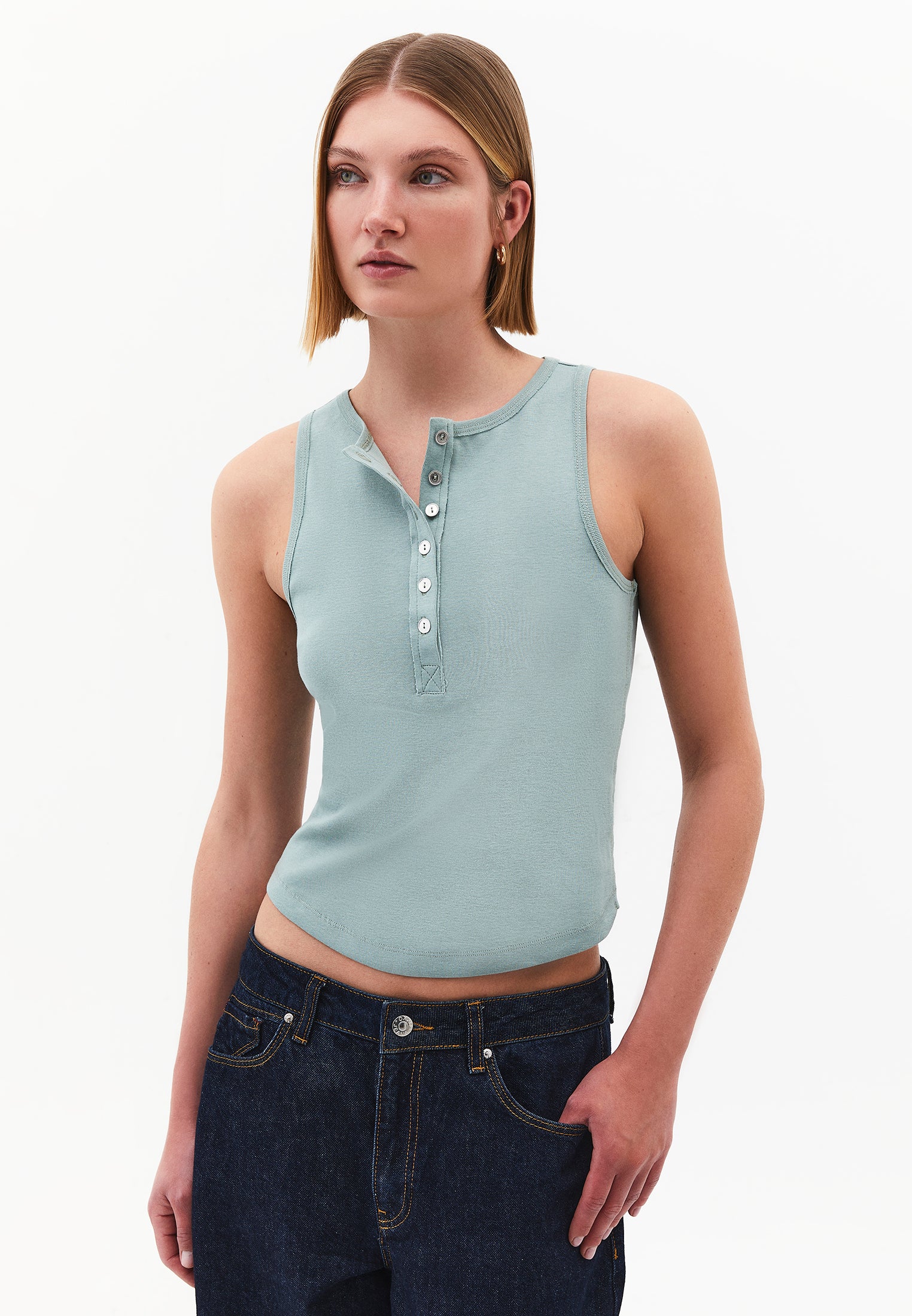 Crew Neck Button Detailed Tank Top - GREEN MILIEU