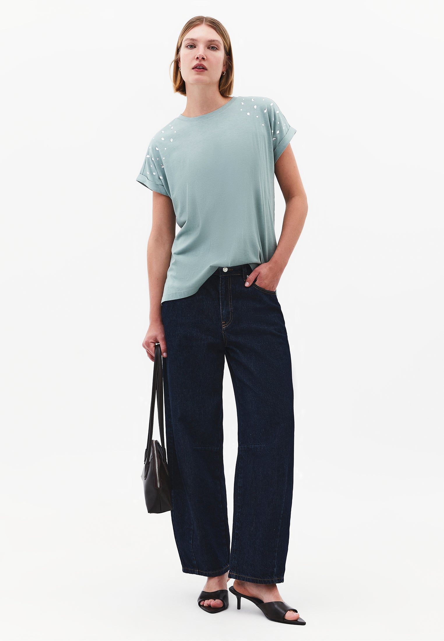Rivet Detailed Boat Neck Short Sleeve T-Shirt - GREEN MILIEU