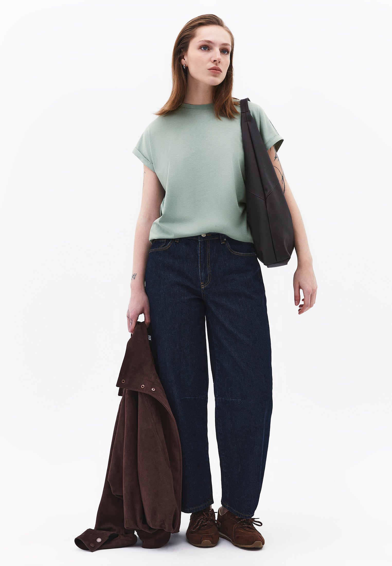 Boat Neck Loose Fit Short Sleeve T-Shirt - GREEN MILIEU
