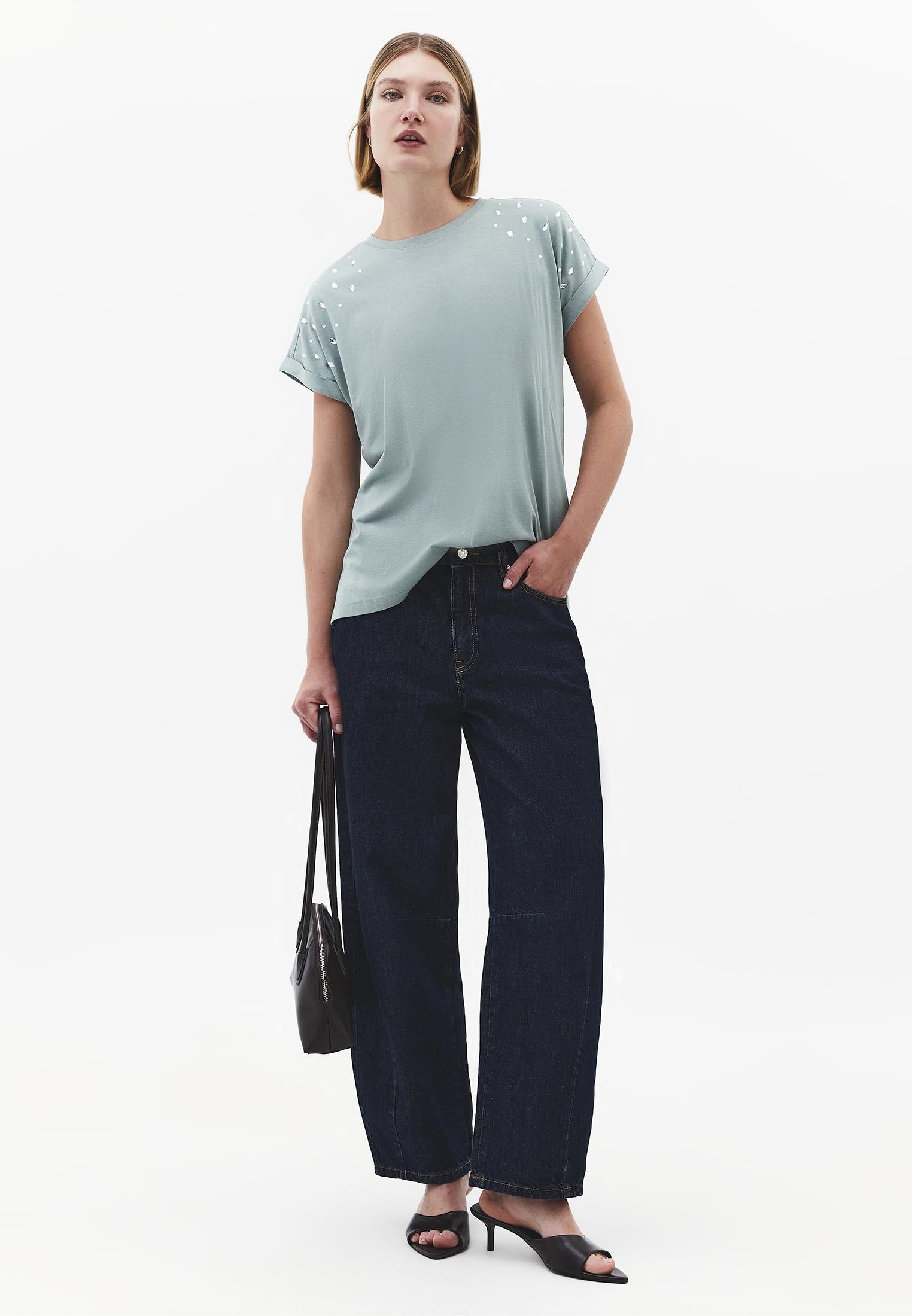 Rivet Detailed Boat Neck Short Sleeve T-Shirt - GREEN MILIEU