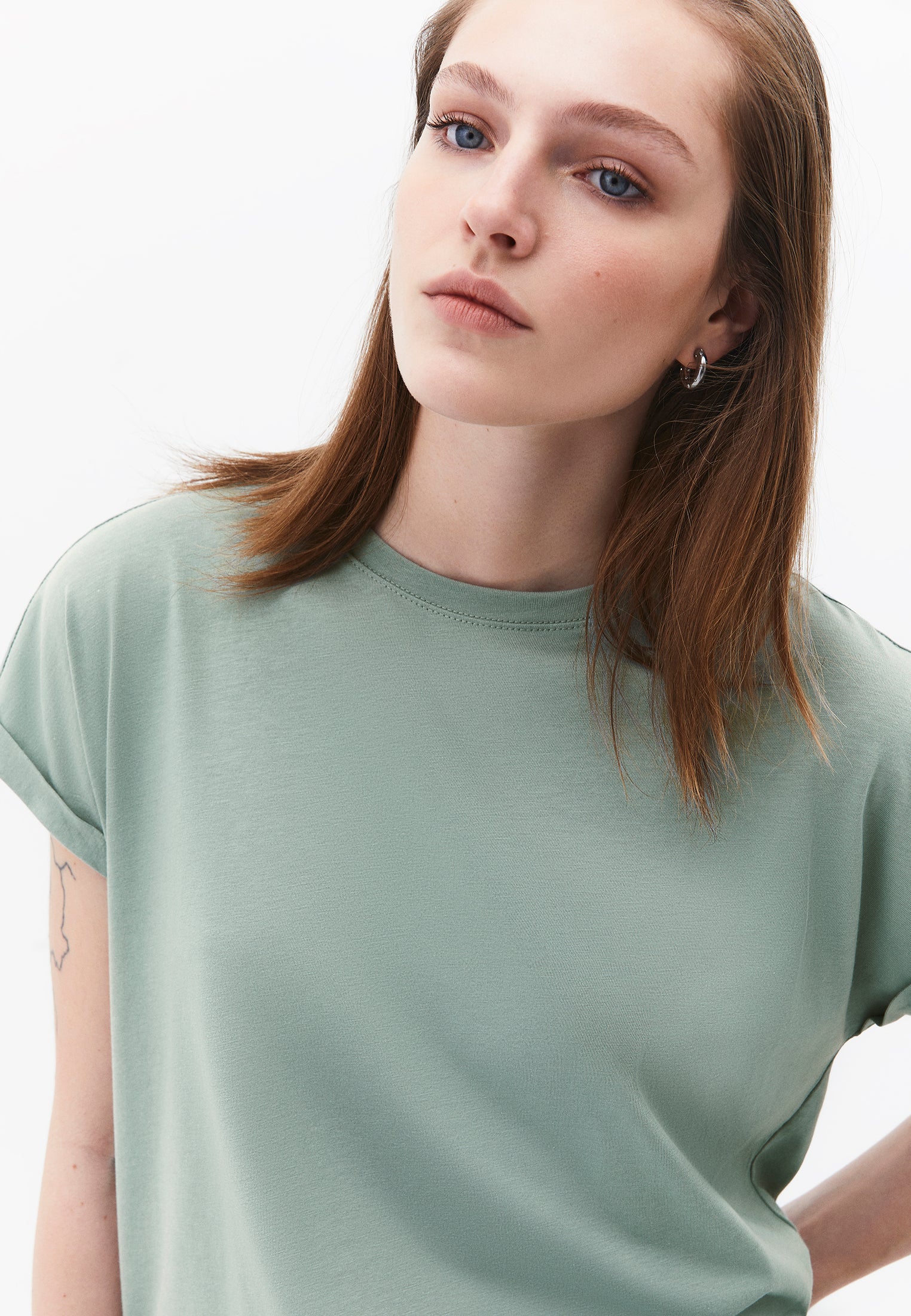 Boat Neck Loose Fit Short Sleeve T-Shirt - GREEN MILIEU