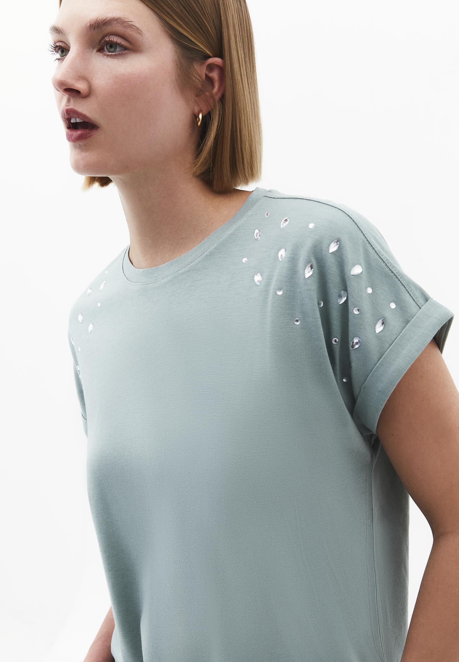 Rivet Detailed Boat Neck Short Sleeve T-Shirt - GREEN MILIEU