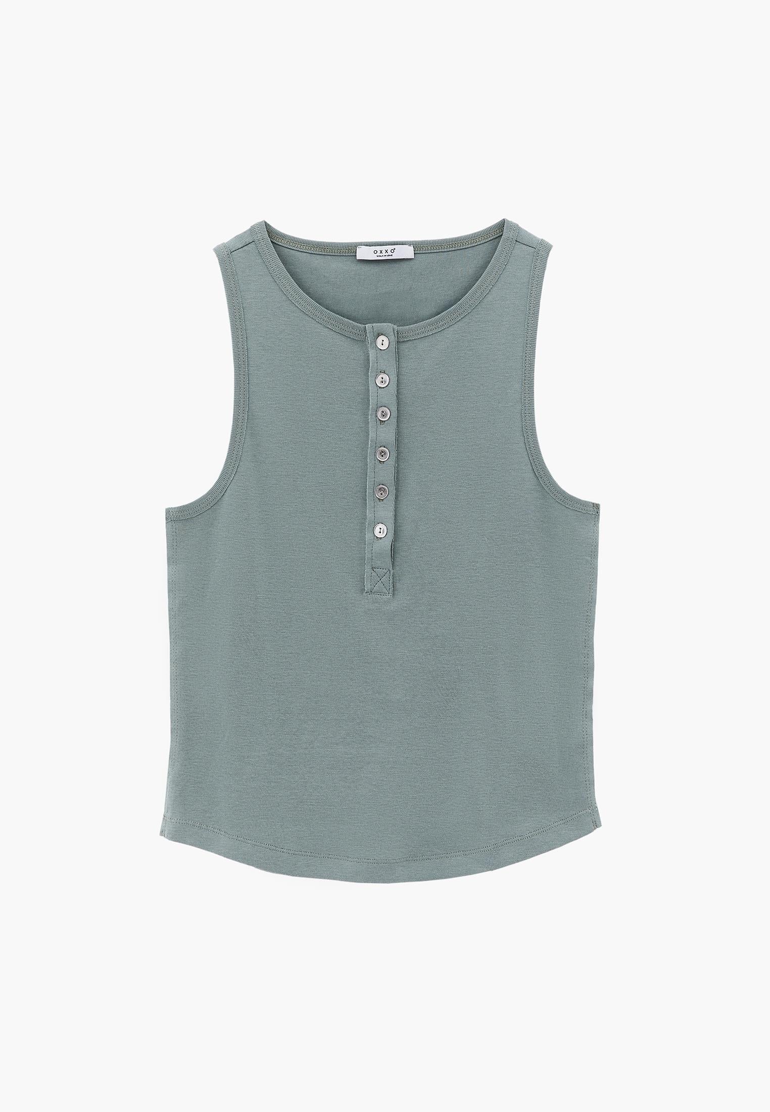 Crew Neck Button Detailed Tank Top - GREEN MILIEU
