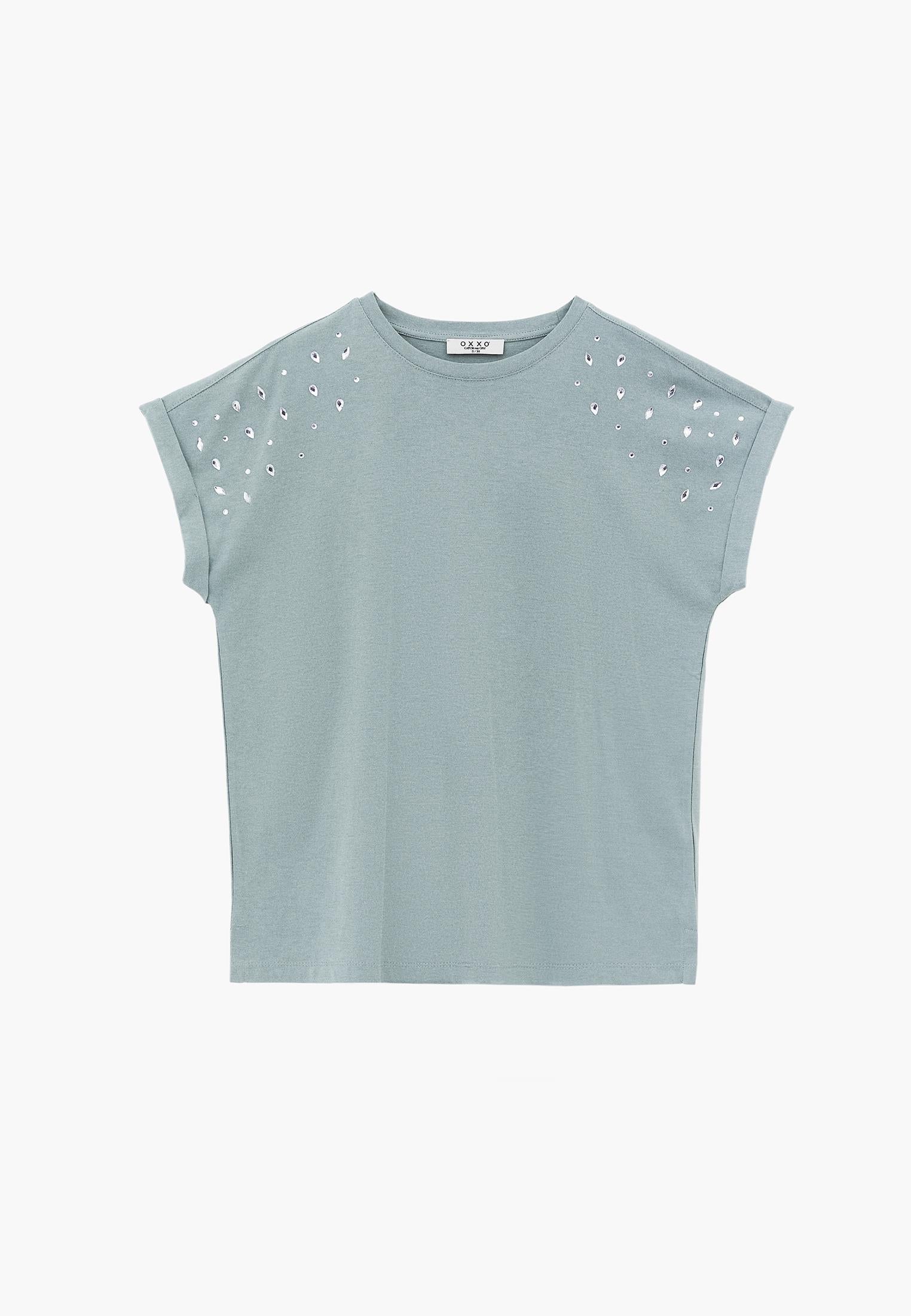 Rivet Detailed Boat Neck Short Sleeve T-Shirt - GREEN MILIEU