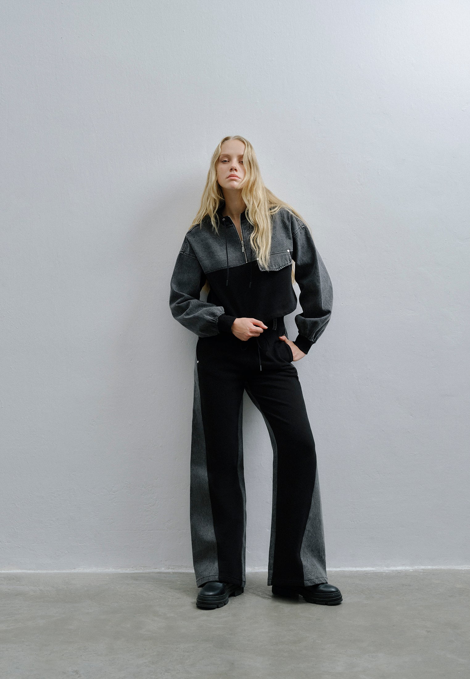 Wide Leg Ultra High Waist Pants - GREY DENIM