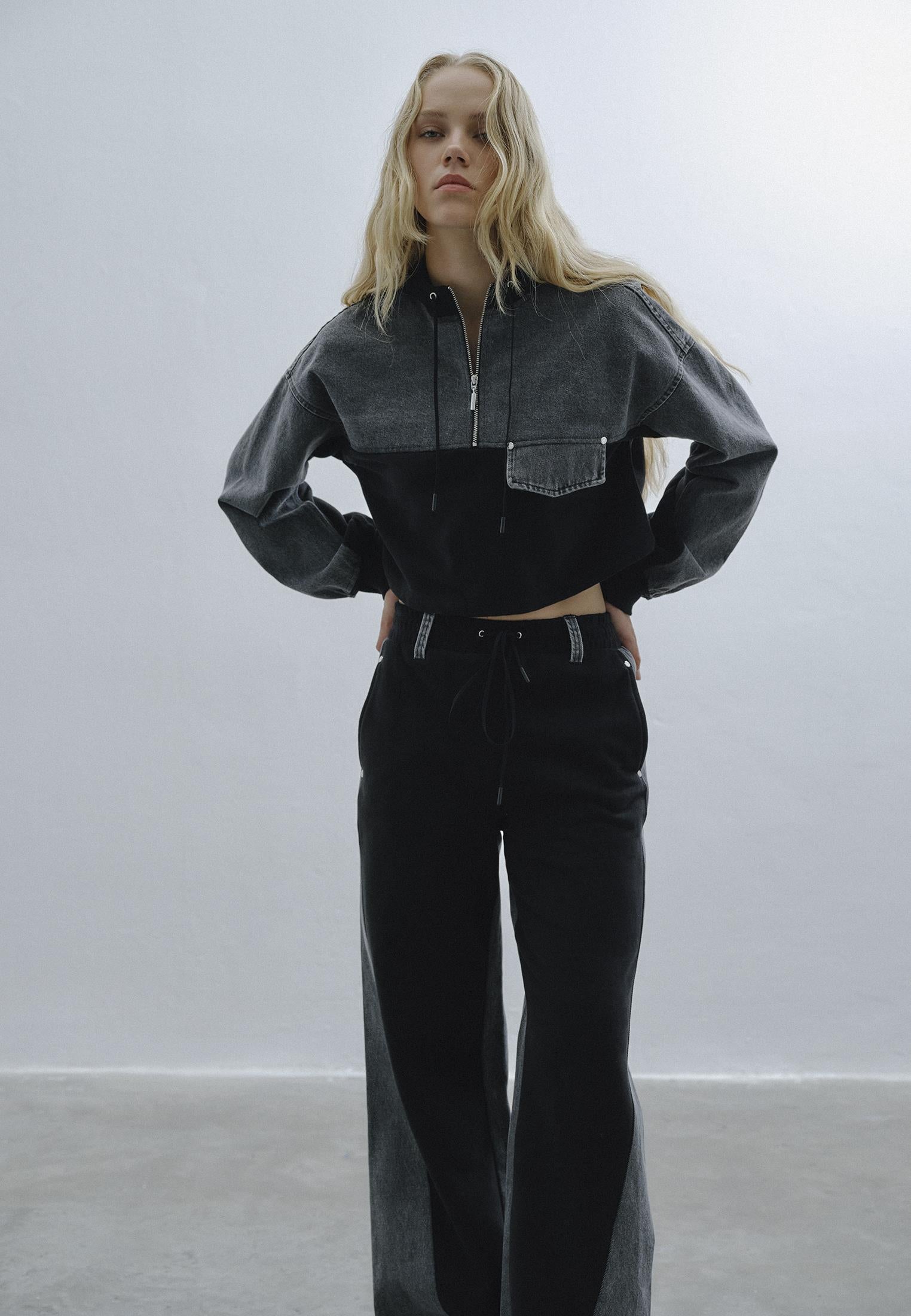 Asymmetric Oversize Cropped Sweatshirt - GREY DENIM