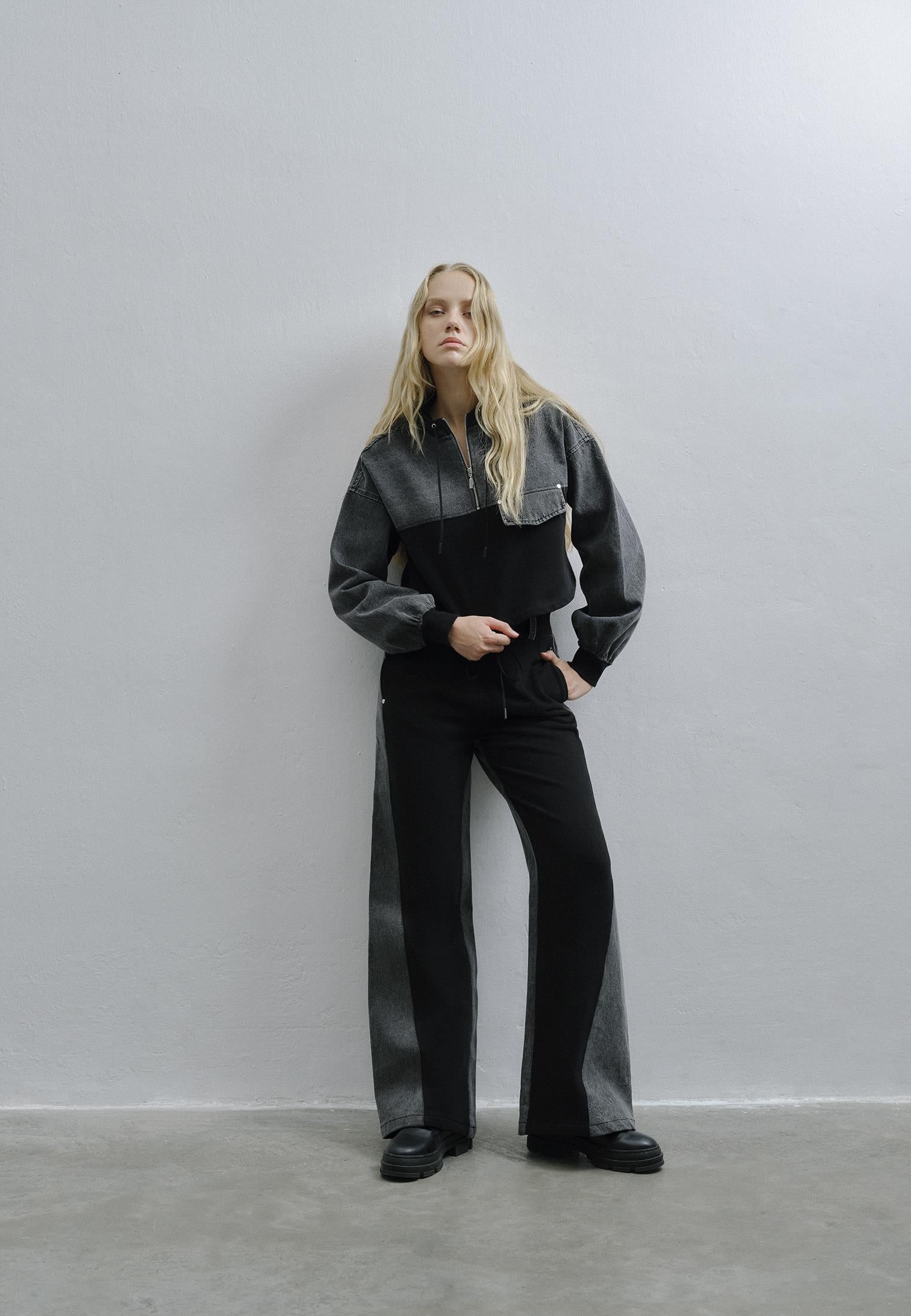Wide Leg Ultra High Waist Pants - GREY DENIM