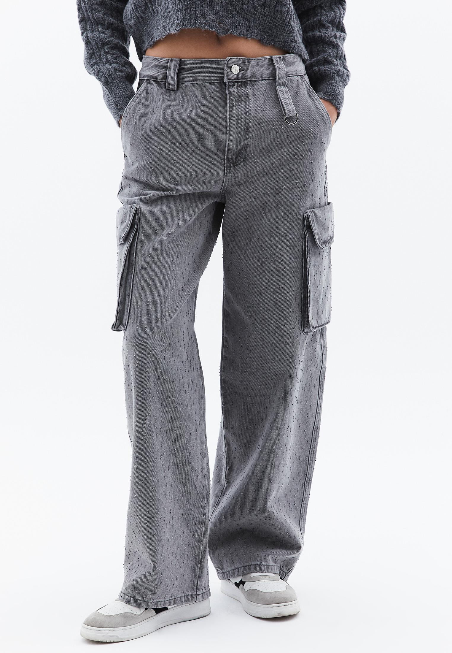 Skater Low Waist Wide Leg Pants - GREY DENIM