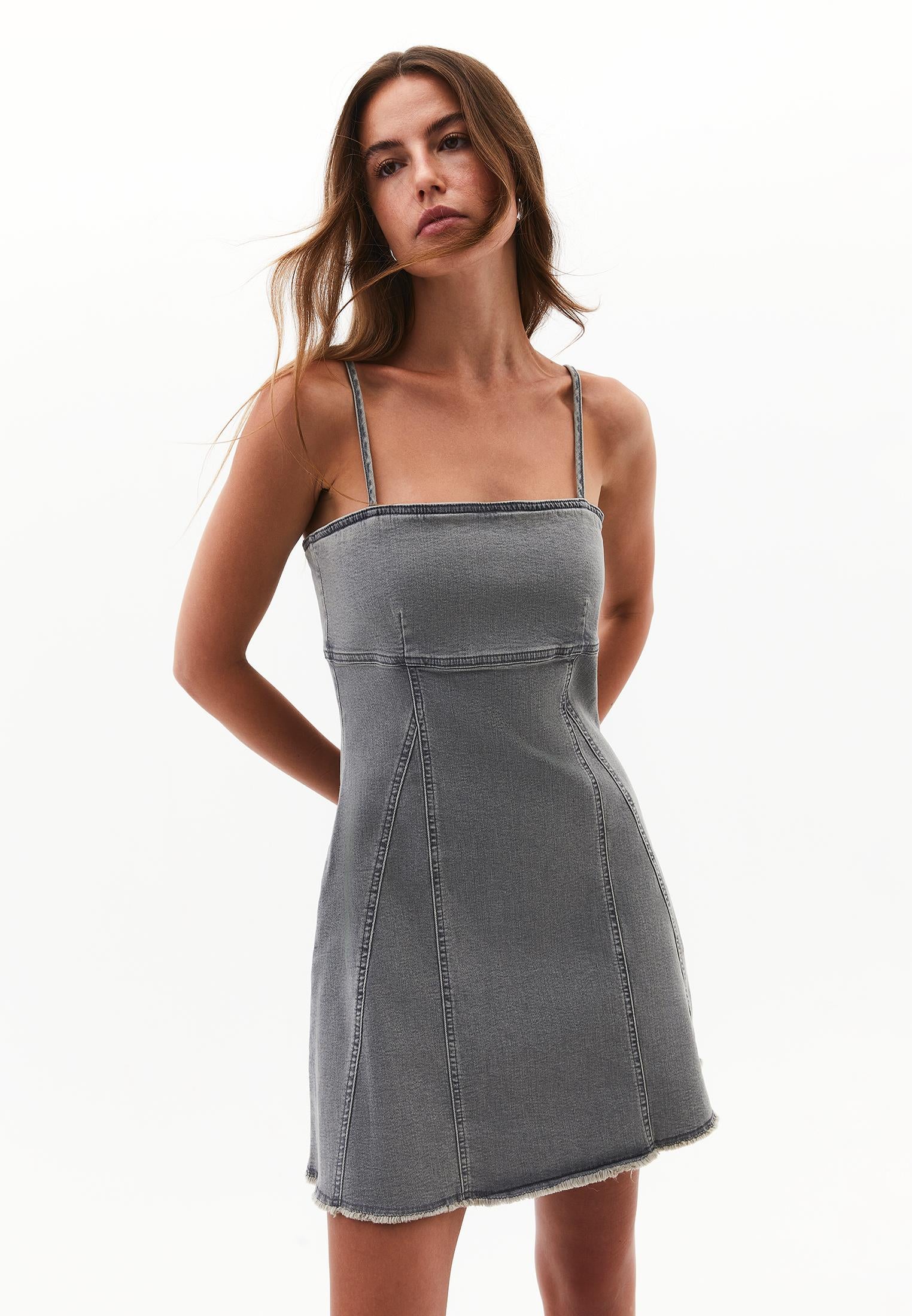 Square Neck Riveted Short Denim Dress - GREY DENIM