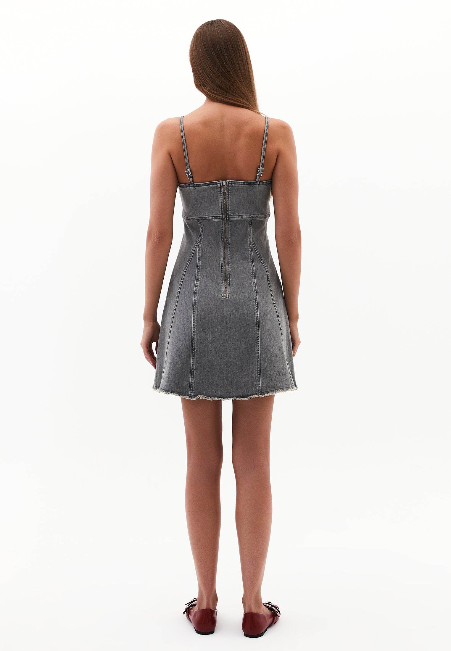 Square Neck Riveted Short Denim Dress - GREY DENIM