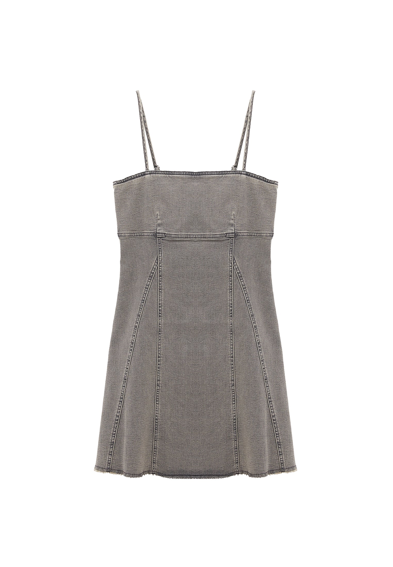 Square Neck Riveted Short Denim Dress - GREY DENIM