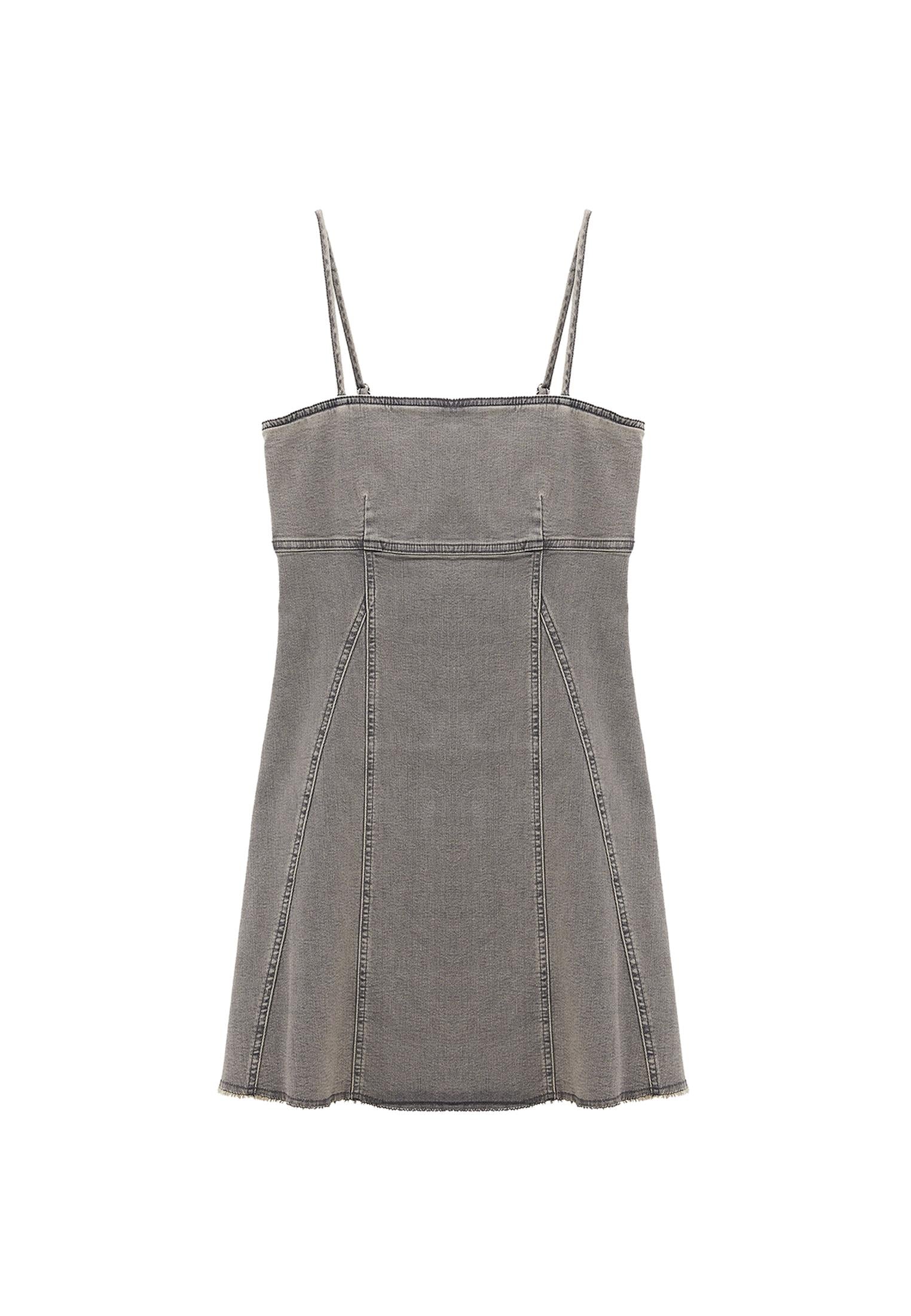 Square Neck Riveted Short Denim Dress - GREY DENIM