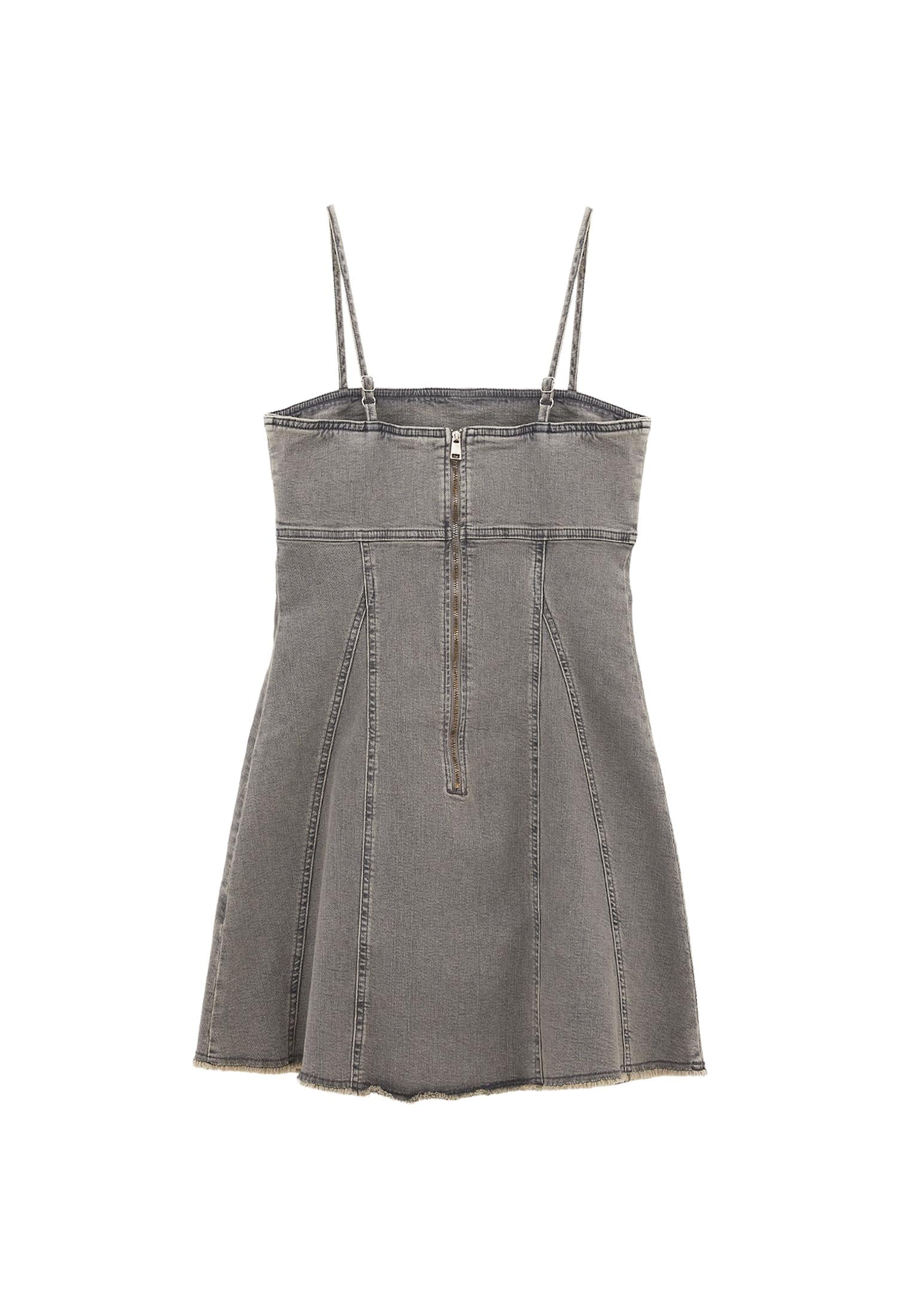 Square Neck Riveted Short Denim Dress - GREY DENIM