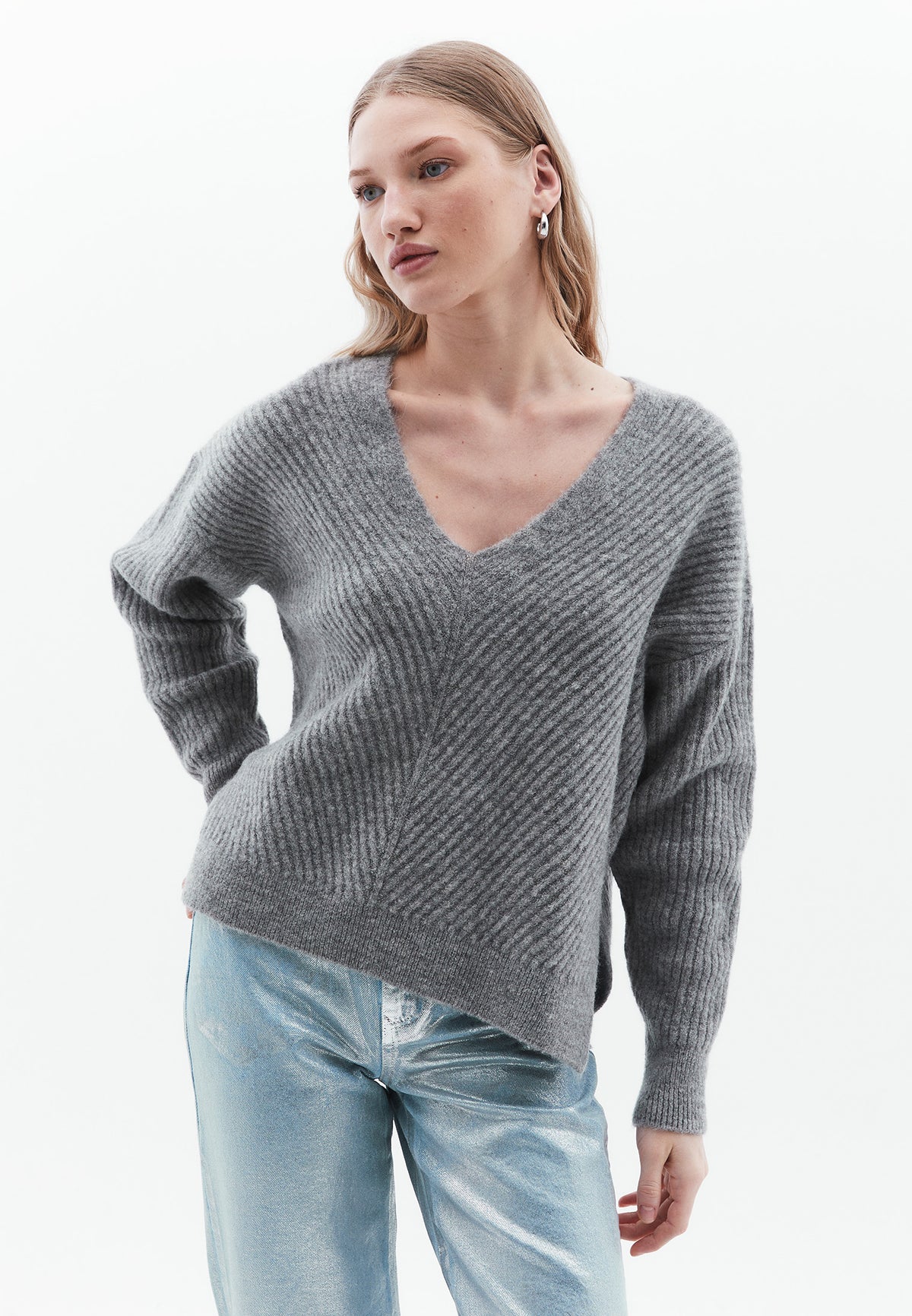 V Neck Long Sleeve Sweater - GREY MELANGE