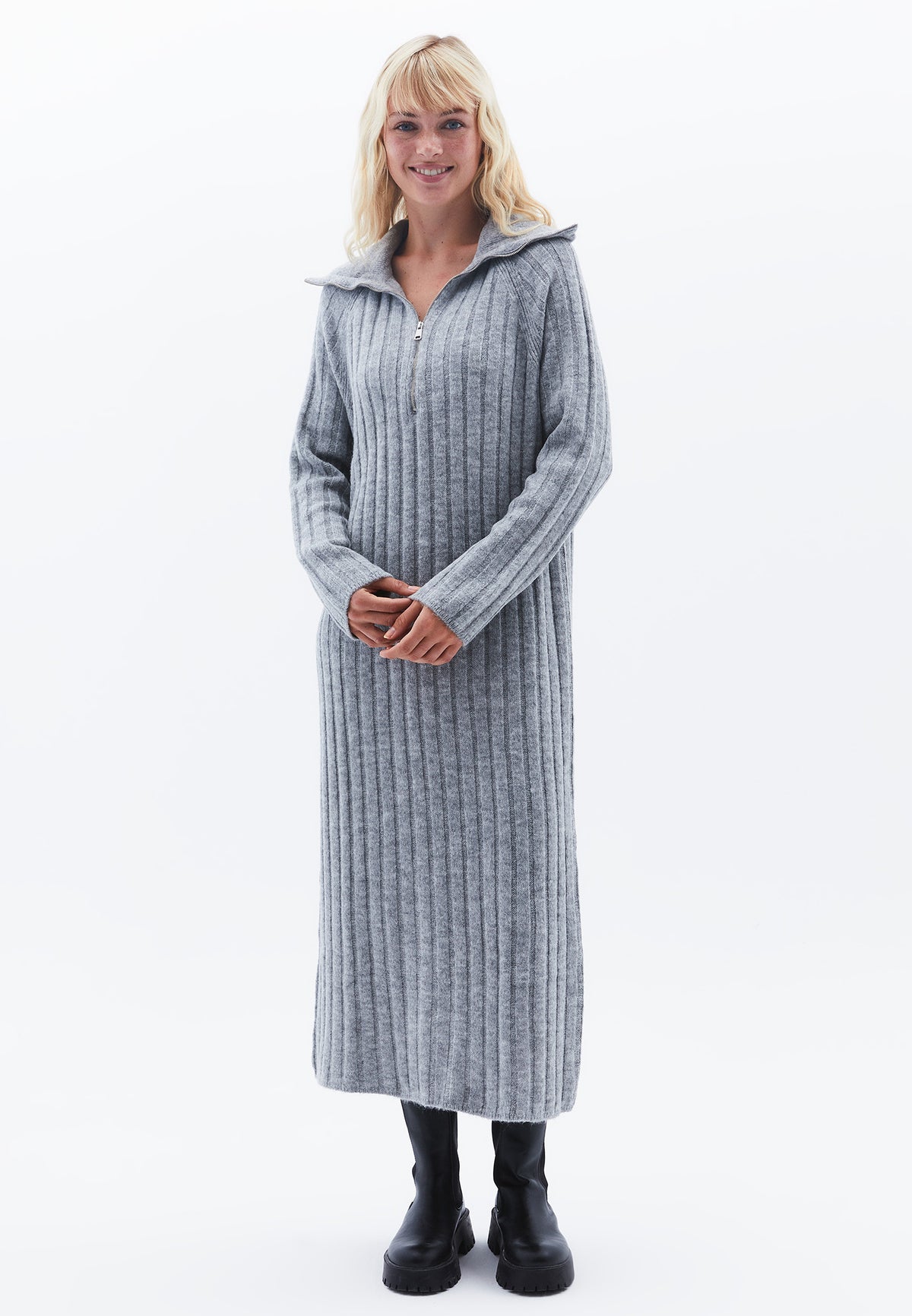 Polo Collar Raglan Sleeve Long Dress With Zipper Detail - GREY MELANGE
