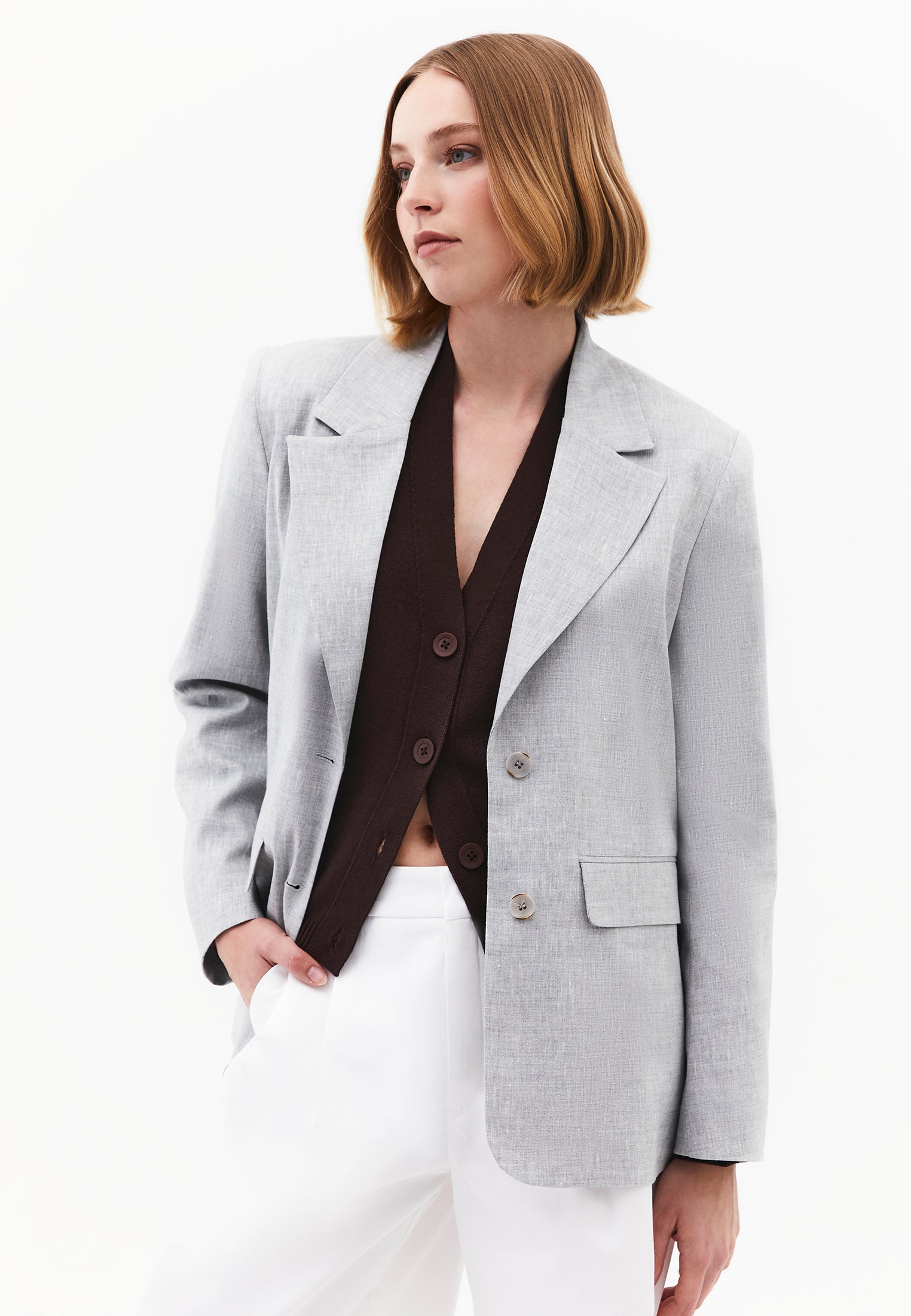 Oversize Blazer With Pocket Detail - GREY MELANGE