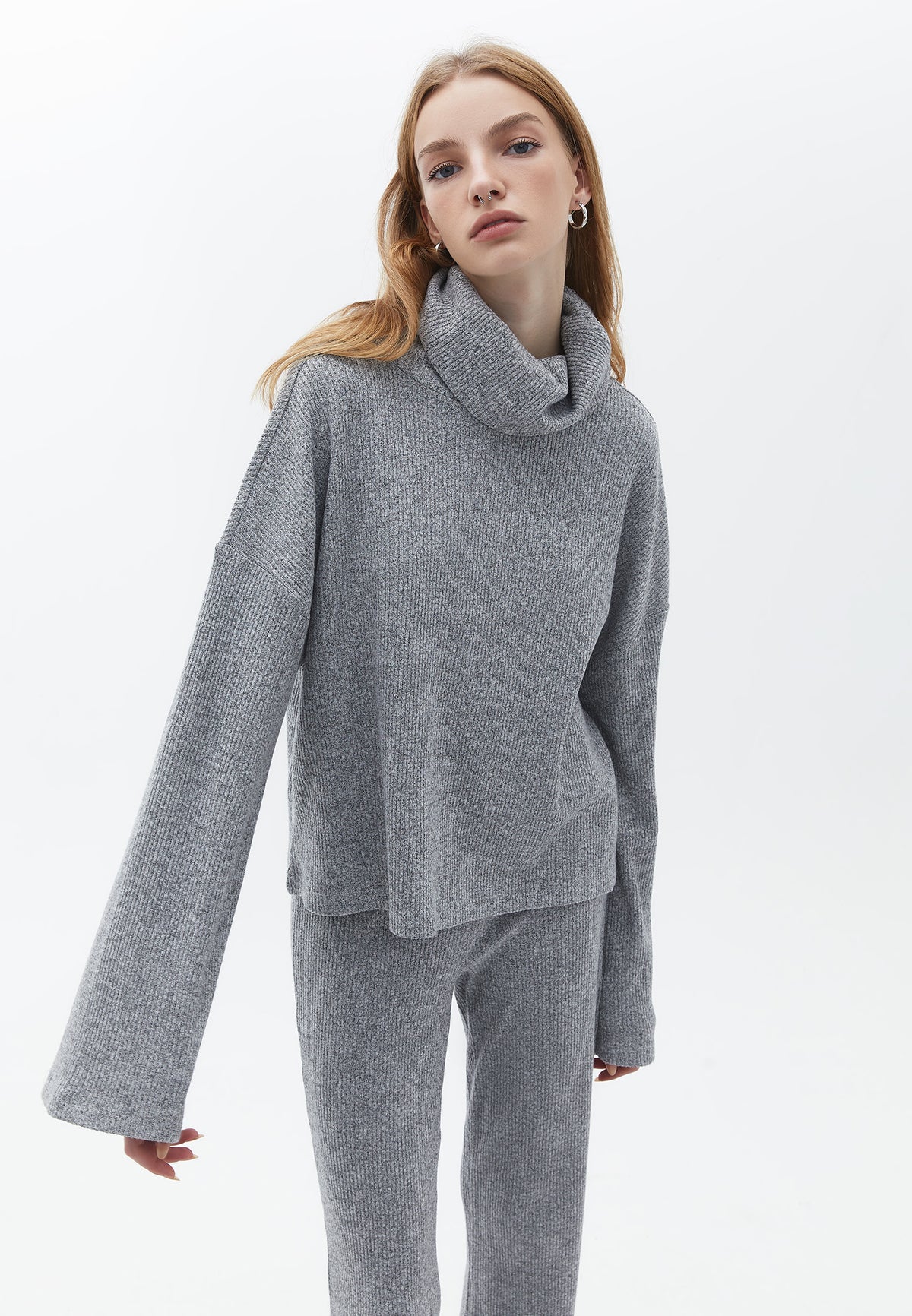 Turtleneck Crossover Sweater - GREY MELANGE