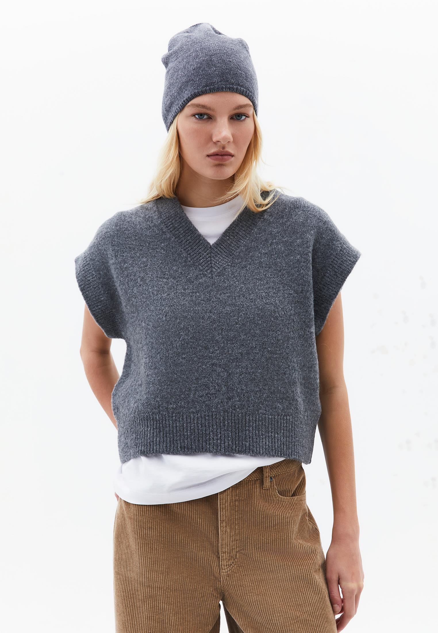 V Neck Short Comfortable Knit Vest - GREY MELANGE