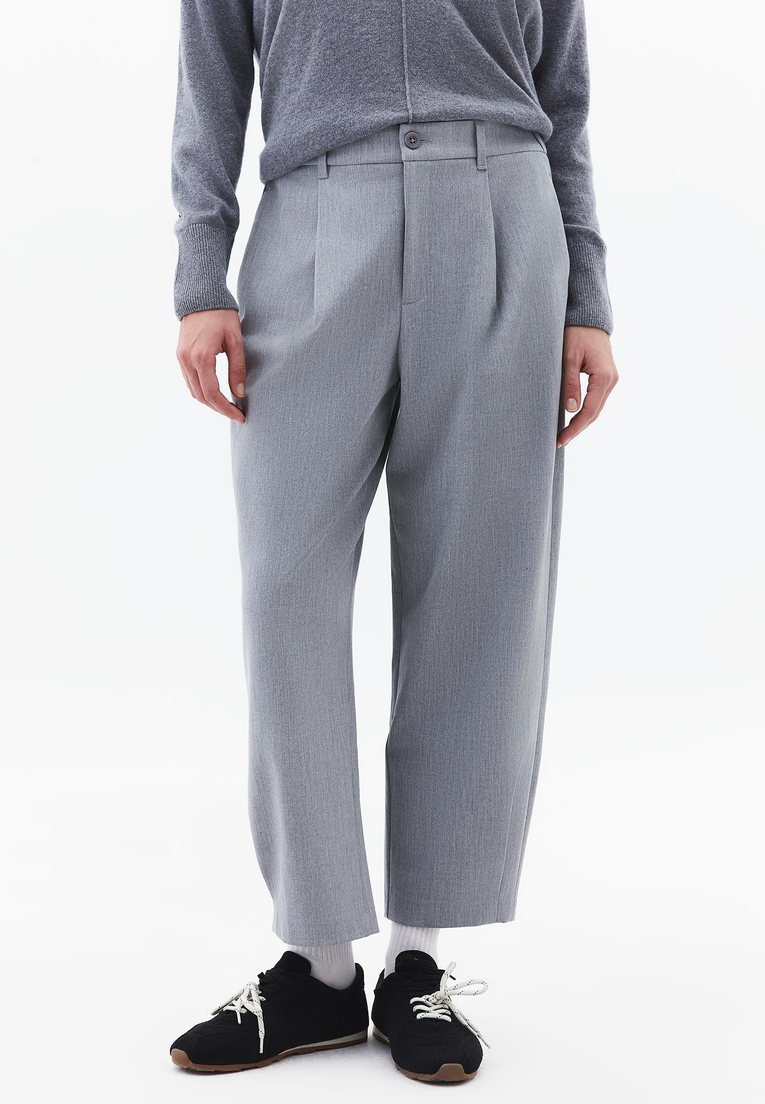 Balloon Form Pleated Standard Carrot Leg Pants - GREY MELANGE
