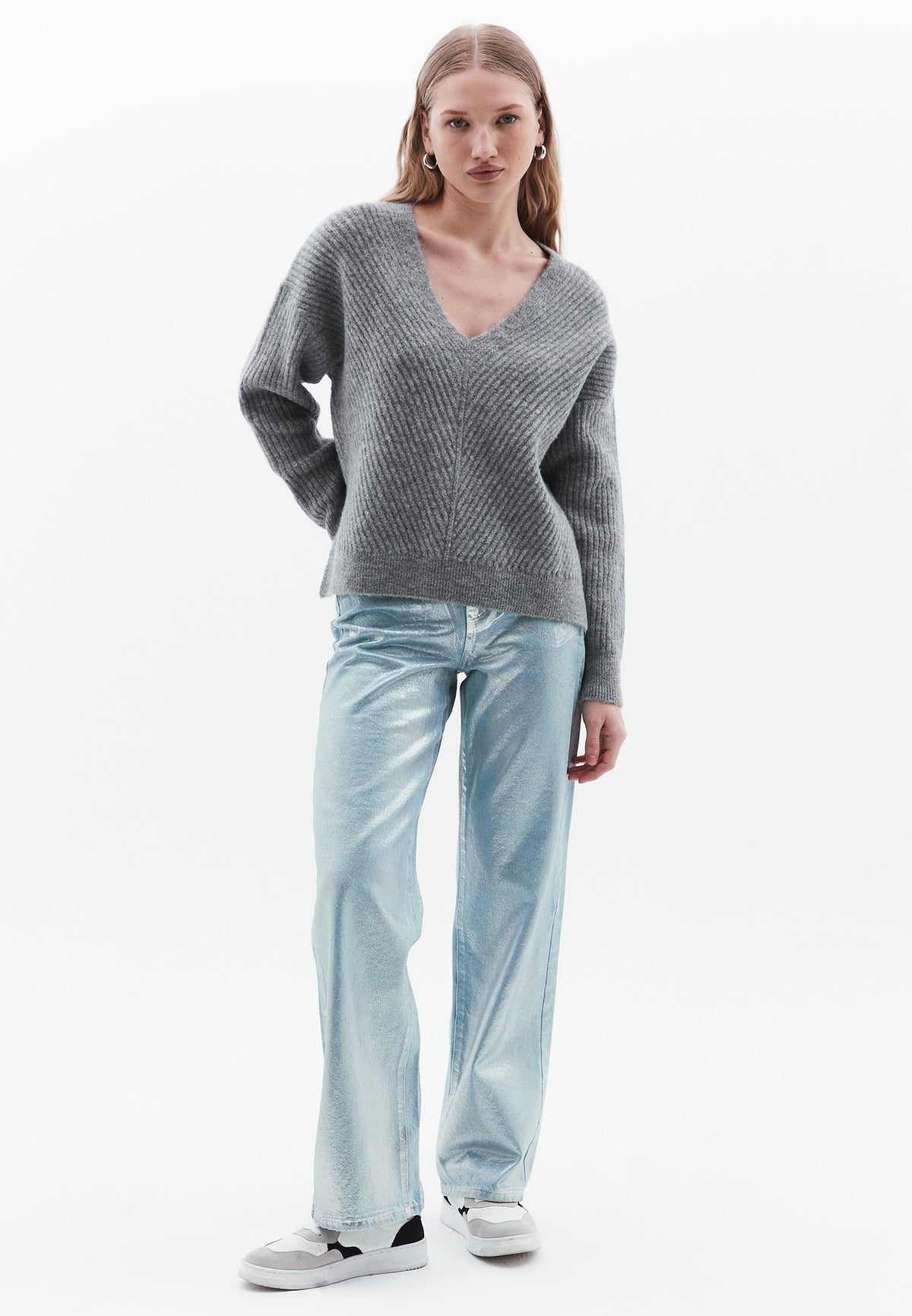 V Neck Long Sleeve Sweater - GREY MELANGE