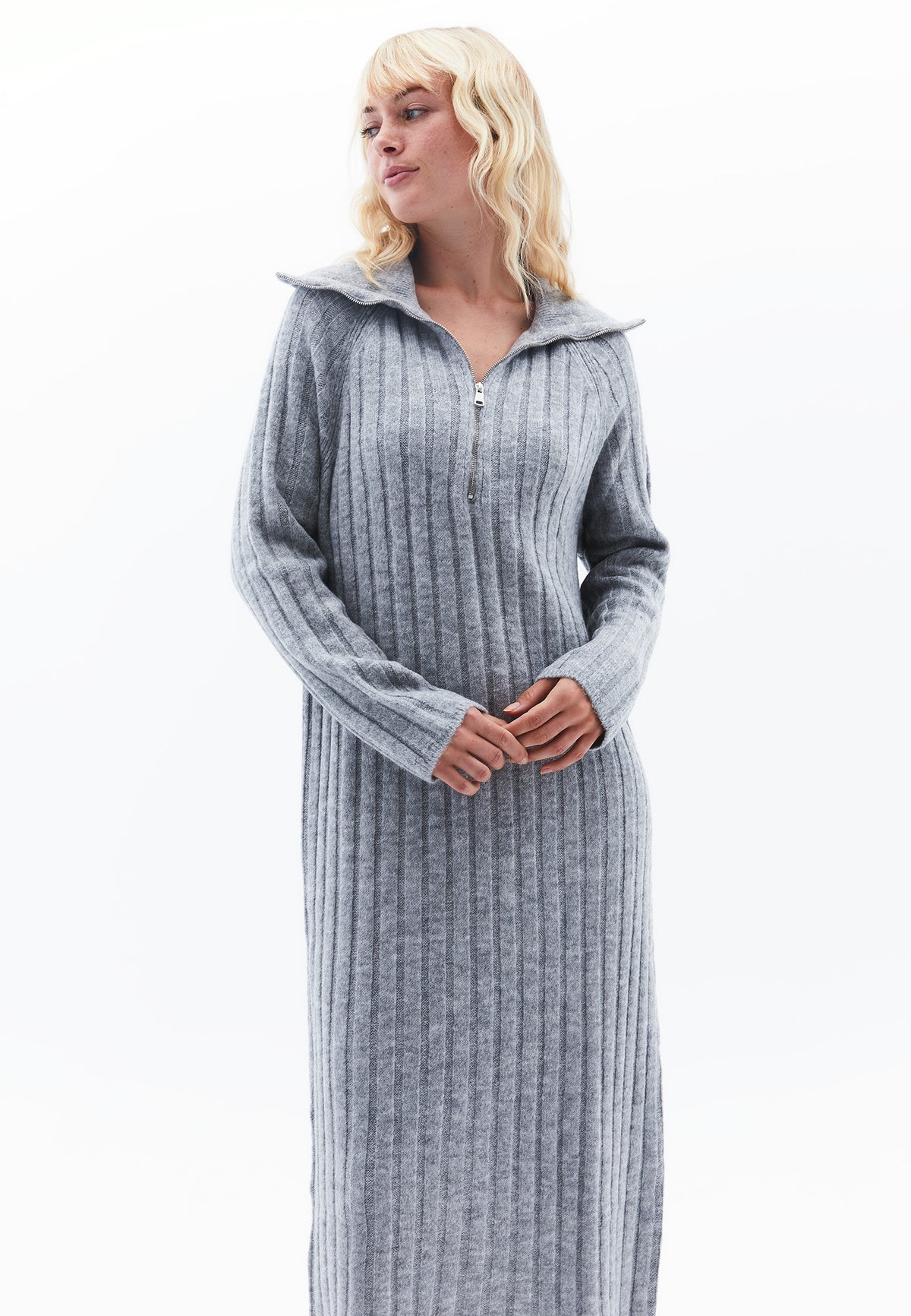 Polo Collar Raglan Sleeve Long Dress With Zipper Detail - GREY MELANGE