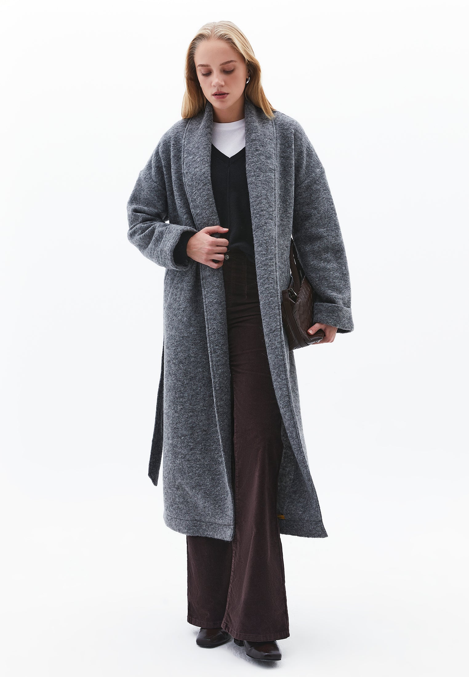 Long Coat With Shawl Collar And Belt Detail - GREY MELANGE