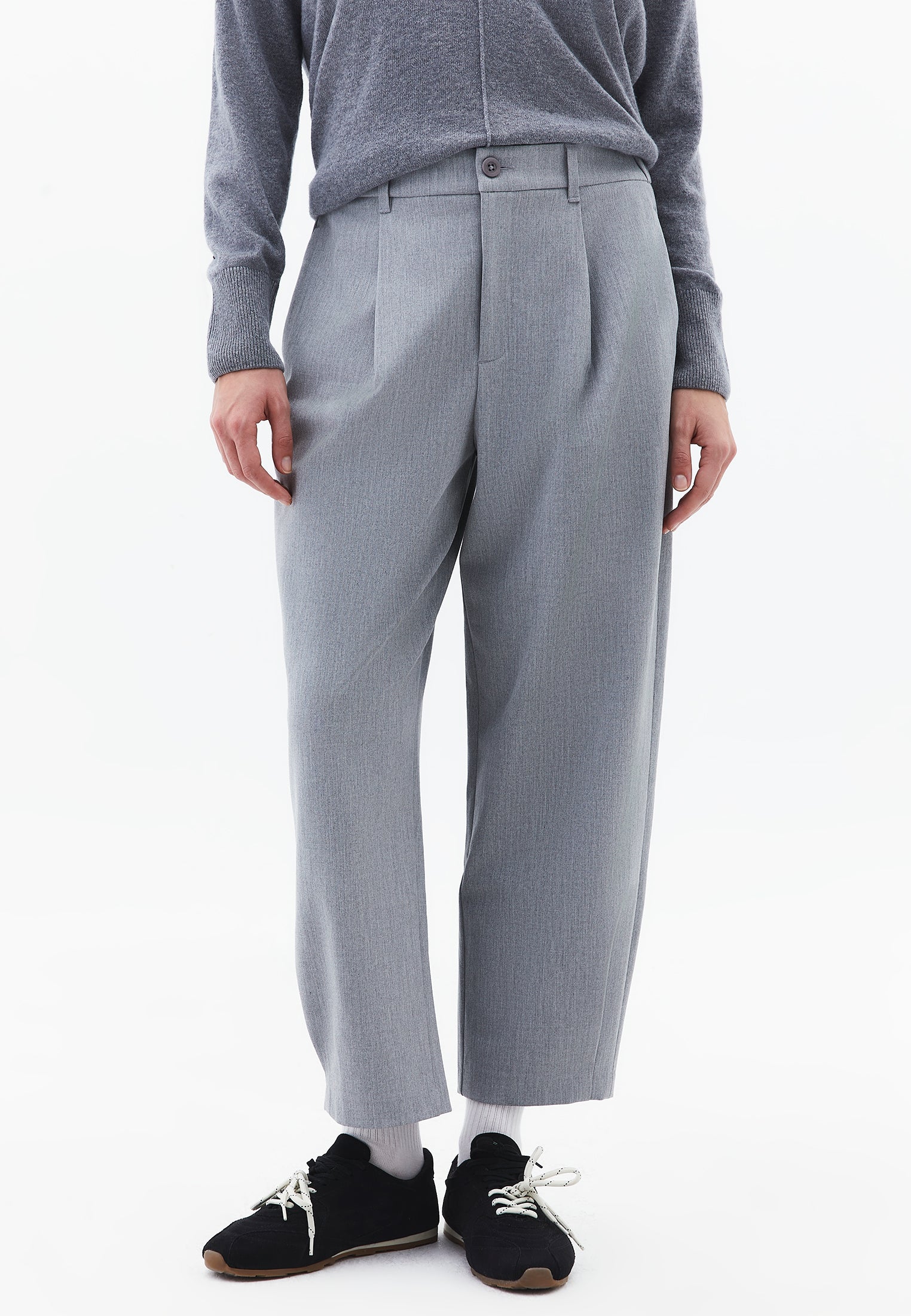 Balloon Form Pleated Carrot Leg Pants - GREY MELANGE