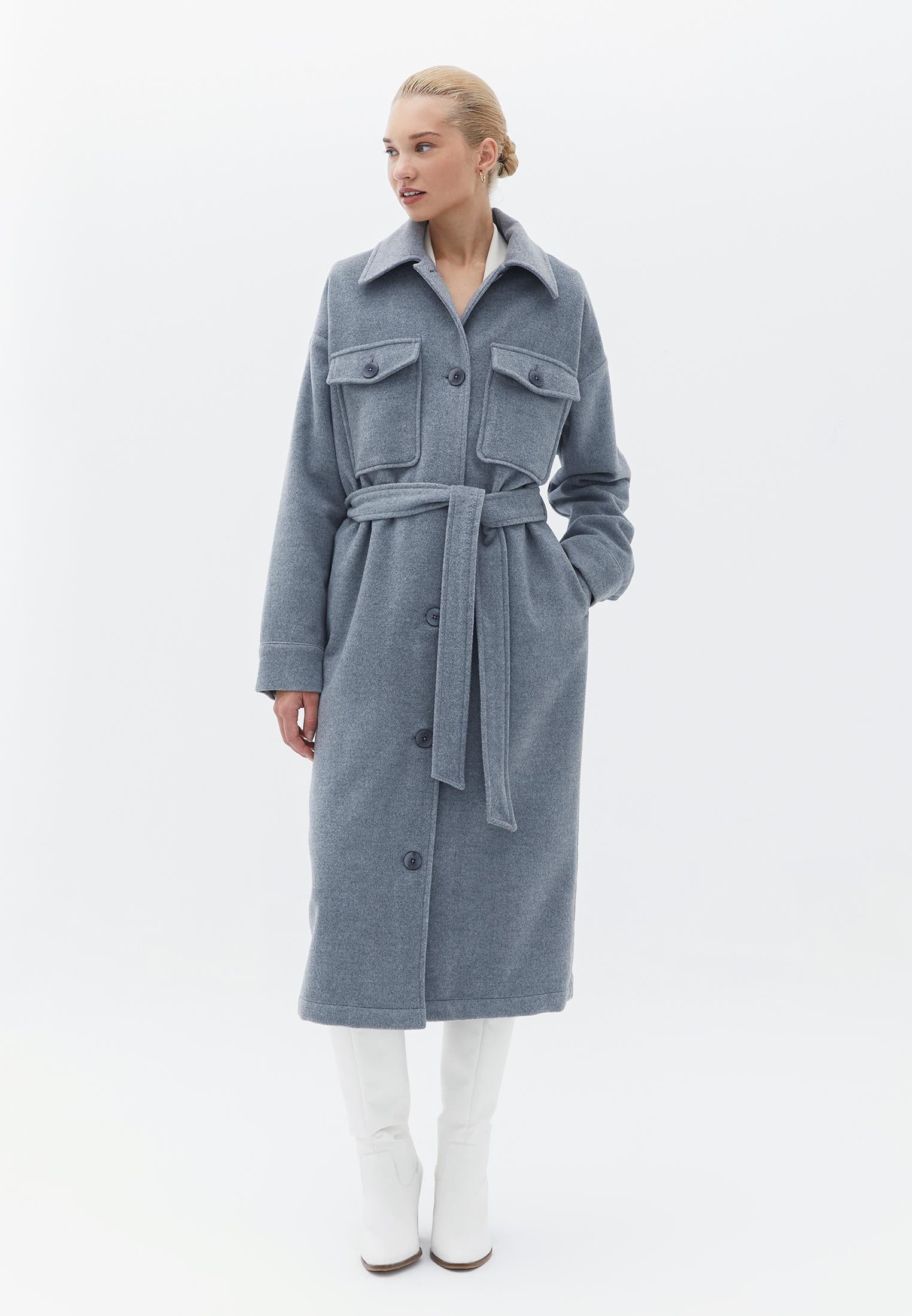 Long Loose Coat With Shirt Collar - GREY MELANGE
