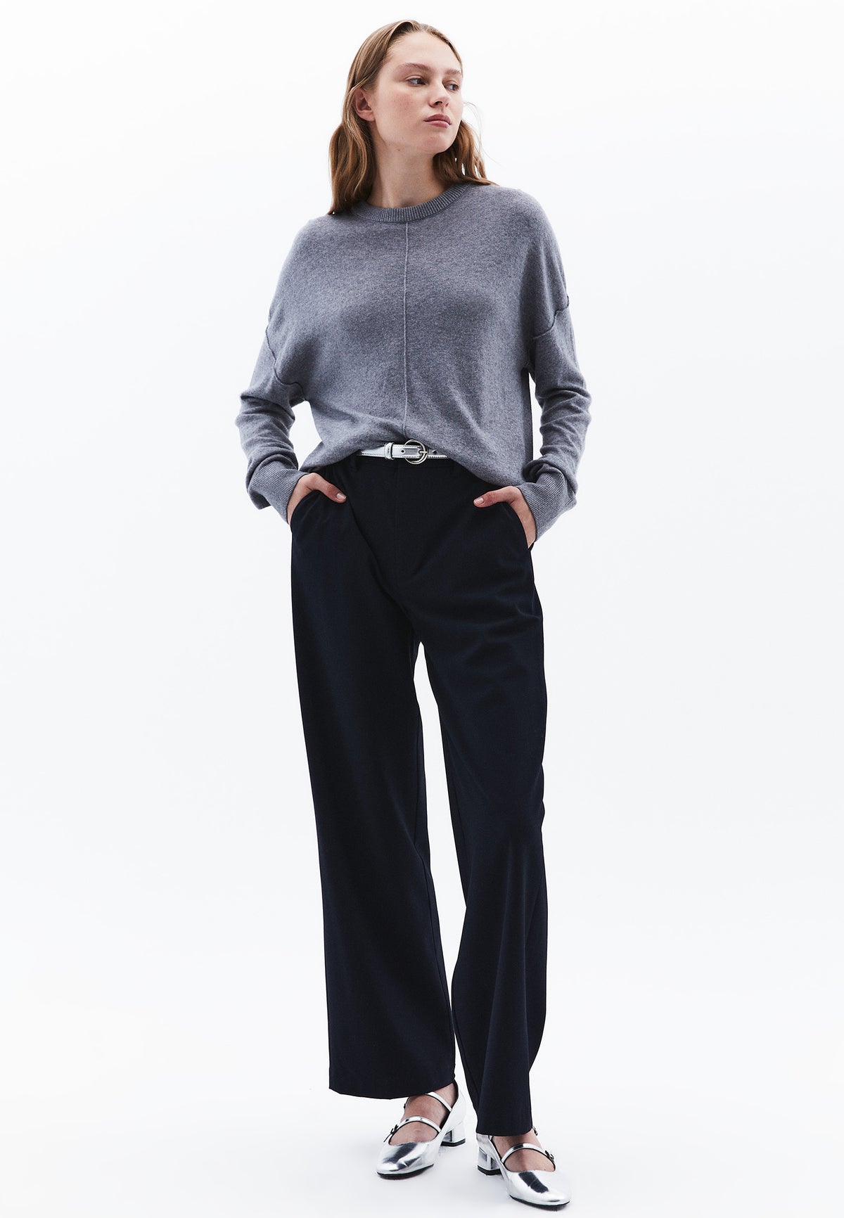 Standard Crew Neck Knitted Sweater - GREY MELANGE