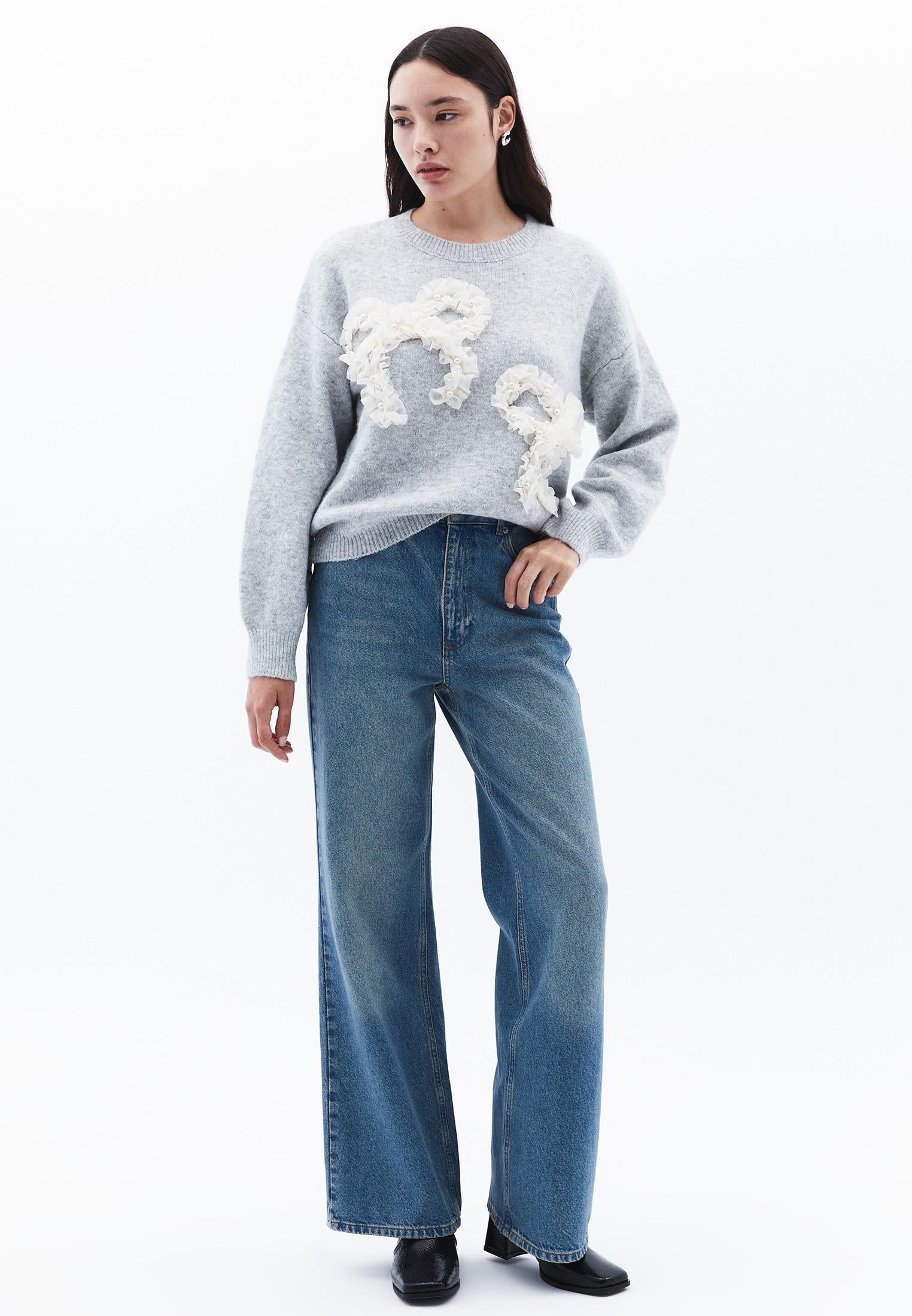 Sweater With Bow Detail And Crew Neck - GREY MELANGE