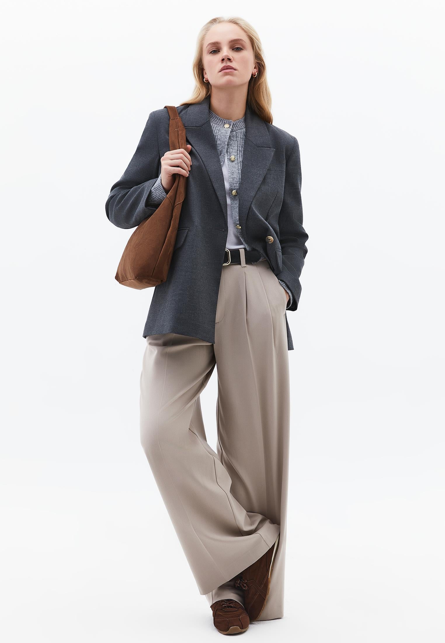 Crew Neck Cardigan With Knit Details - GREY MELANGE