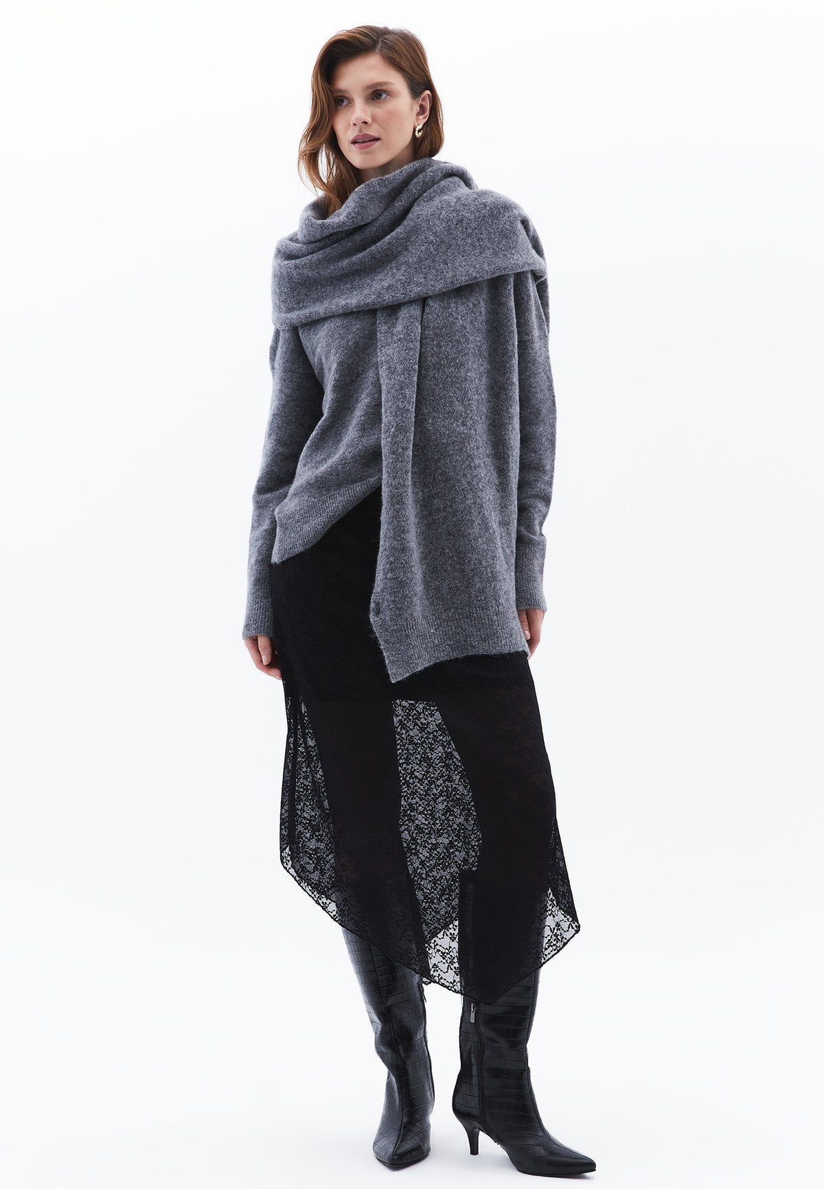 V Neck Long Sleeve Sweater - GREY MELANGE