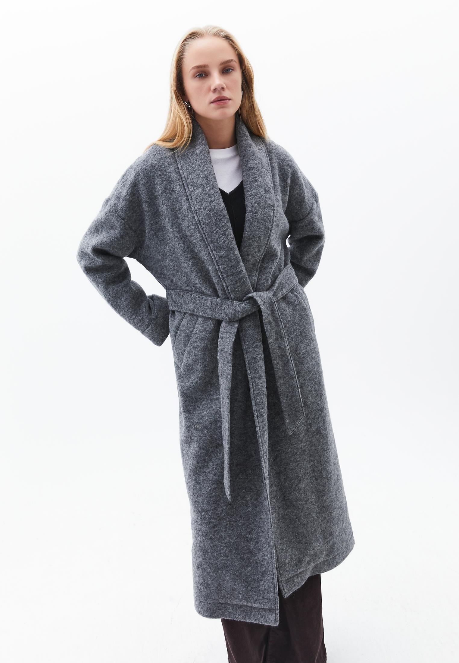 Long Coat With Shawl Collar And Belt Detail - GREY MELANGE