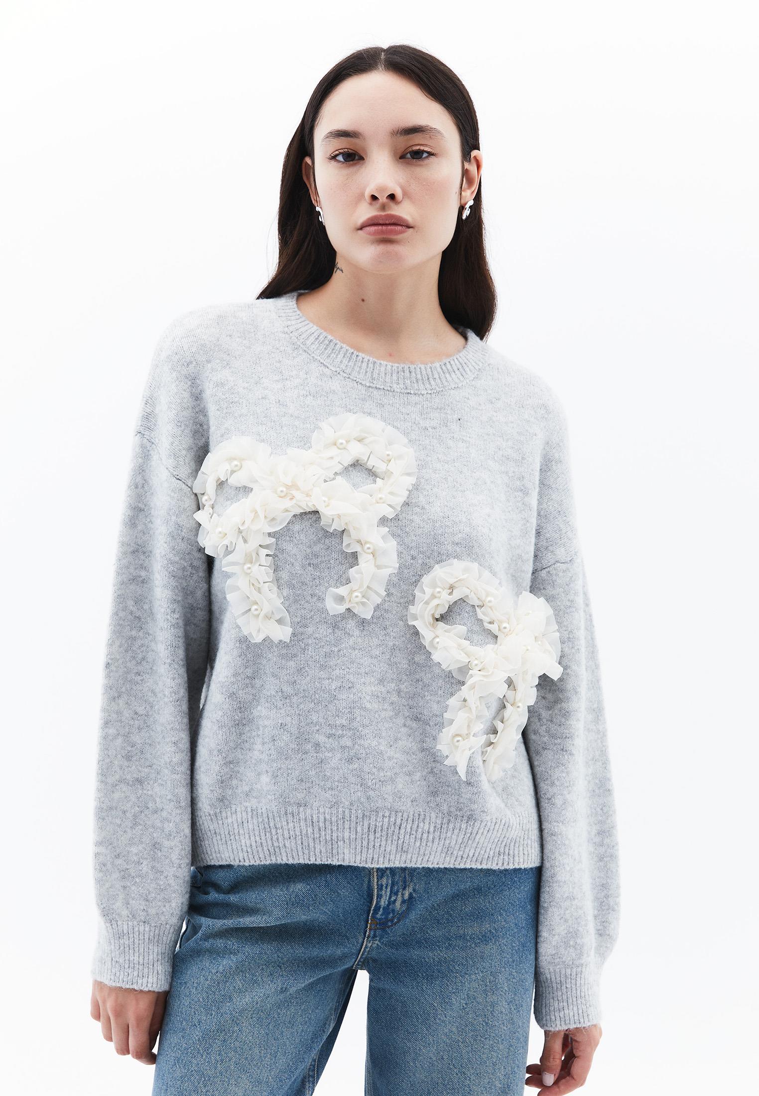 Sweater With Bow Detail And Crew Neck - GREY MELANGE